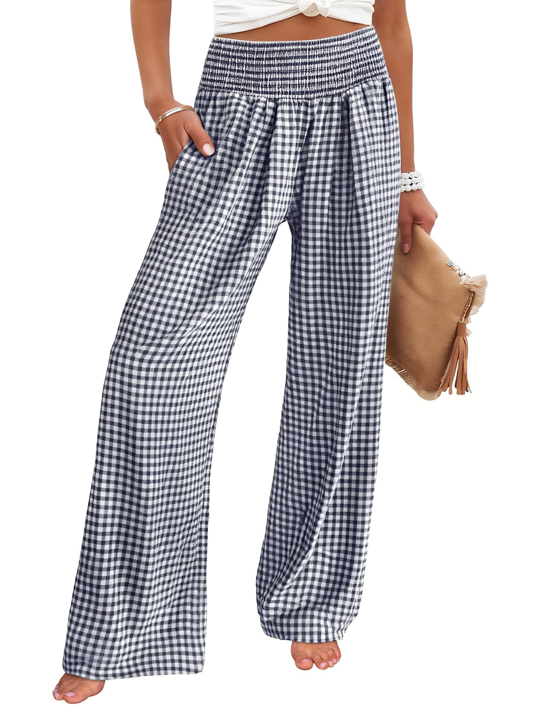 ANRABESS Womens Striped Gingham Palazzo Pants | Wide Leg Smocked High Waisted Pajama Pants, Lounge & Casual, Summer Fall Cute Pants with Pockets