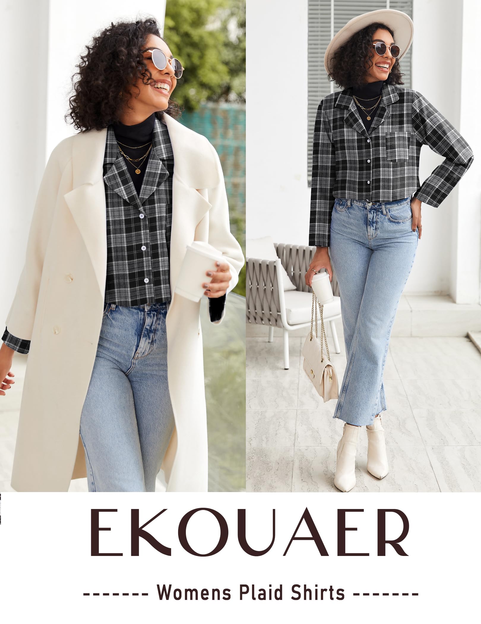 Ekouaer Womens Pajama Sets 2 Piece Cotton Plaid Pjs Long Sleeve Sleepwear Button Down Lounge Set with Pockets