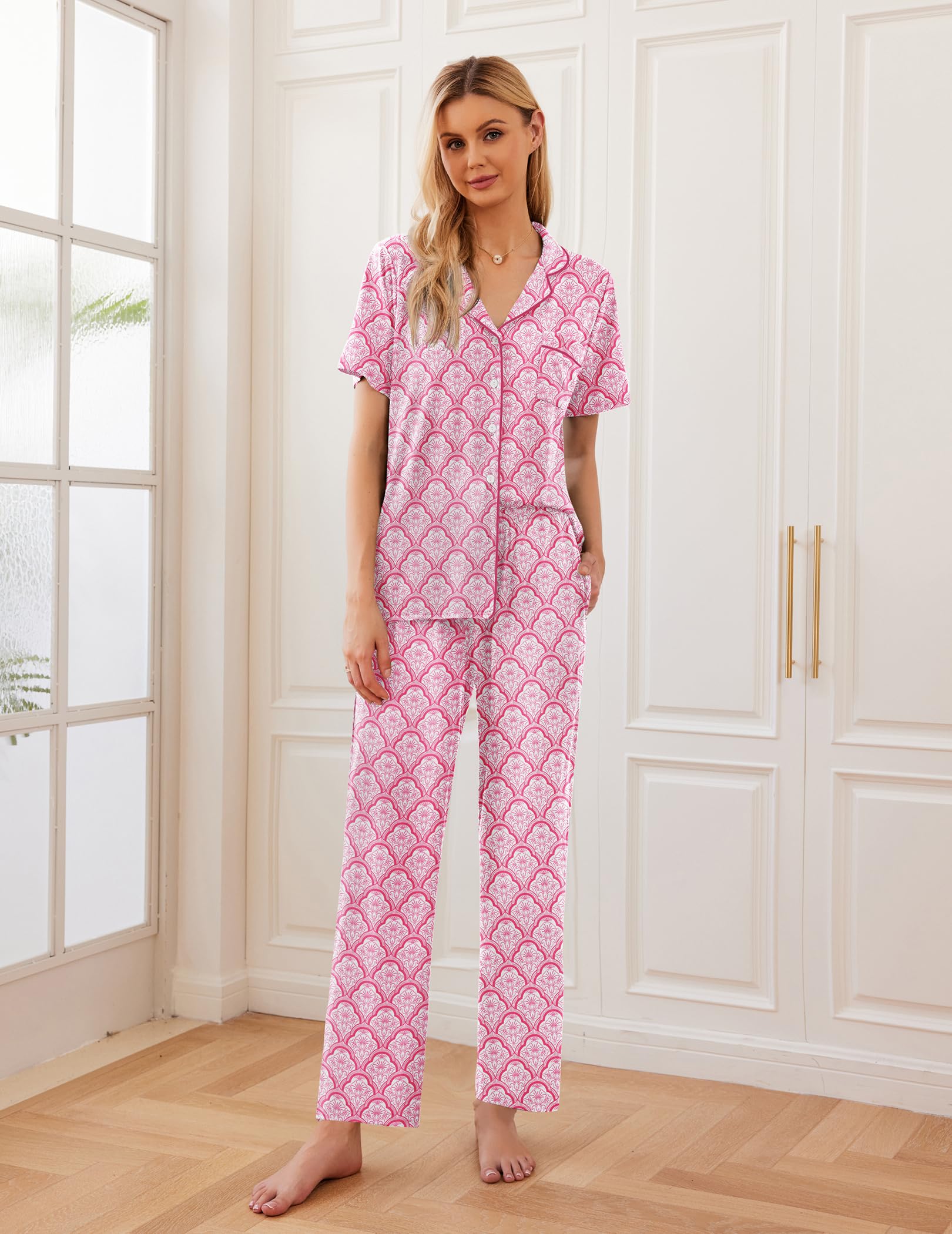 Ekouaer 2 Pack：Womens Pajamas Short Sleeve Pjs Notch Collar Button Up Loungewear Cozy Sleepwear Sets