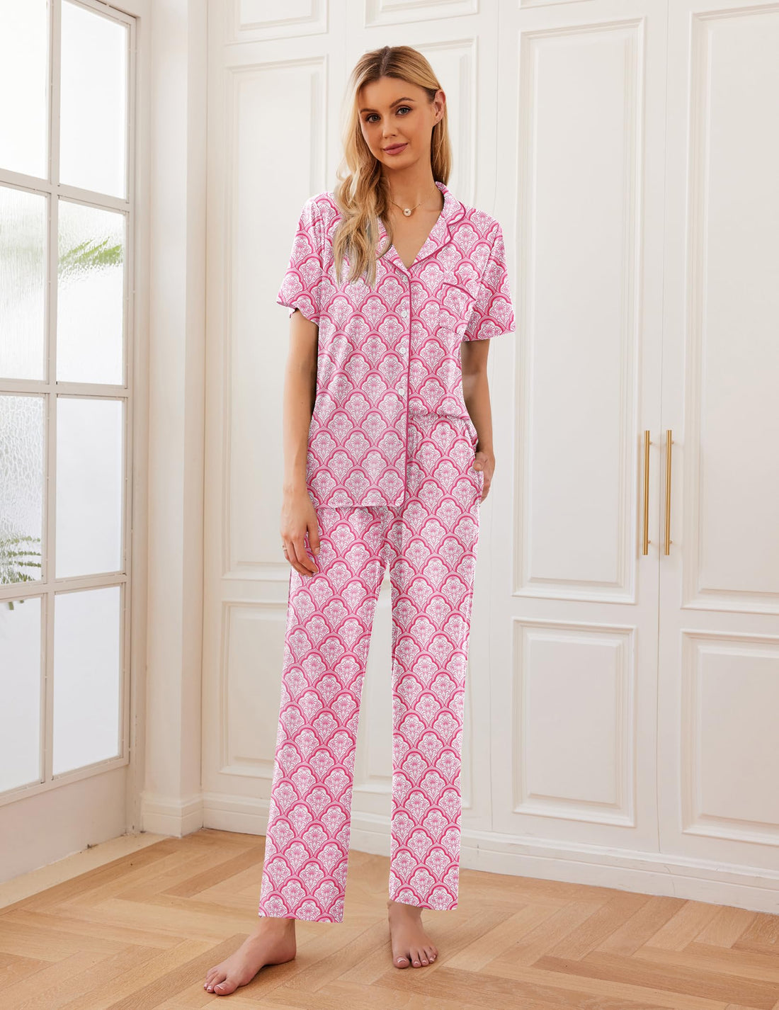 Ekouaer 2 Pack：Womens Pajamas Short Sleeve Pjs Notch Collar Button Up Loungewear Cozy Sleepwear Sets