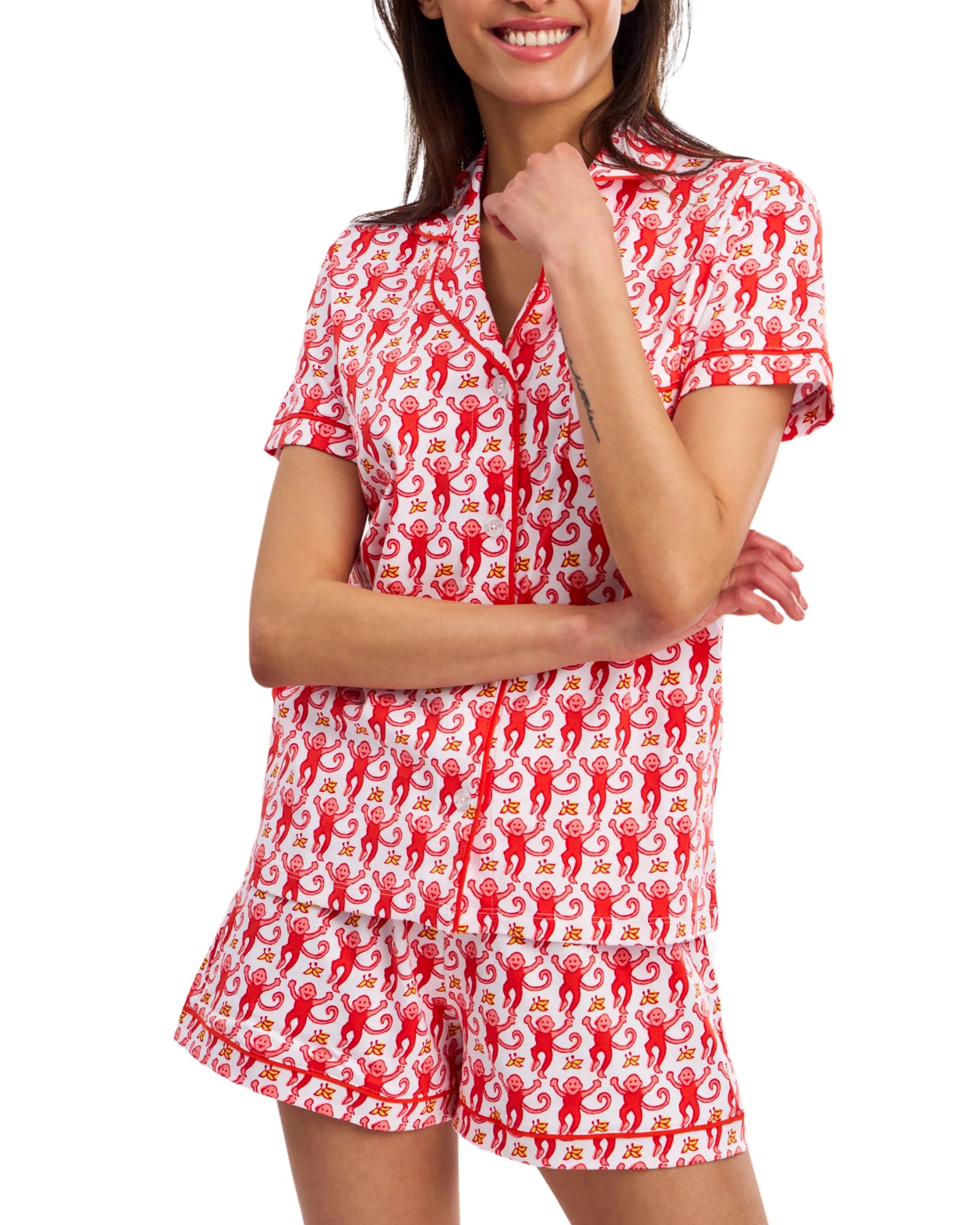 Women Y2k Pajamas Set Cute Preppy 2PCS Button Down Holiday Monkey Shorts Summer Outfit Beach Vacation Loungewear PJs WEBE CLOTHING