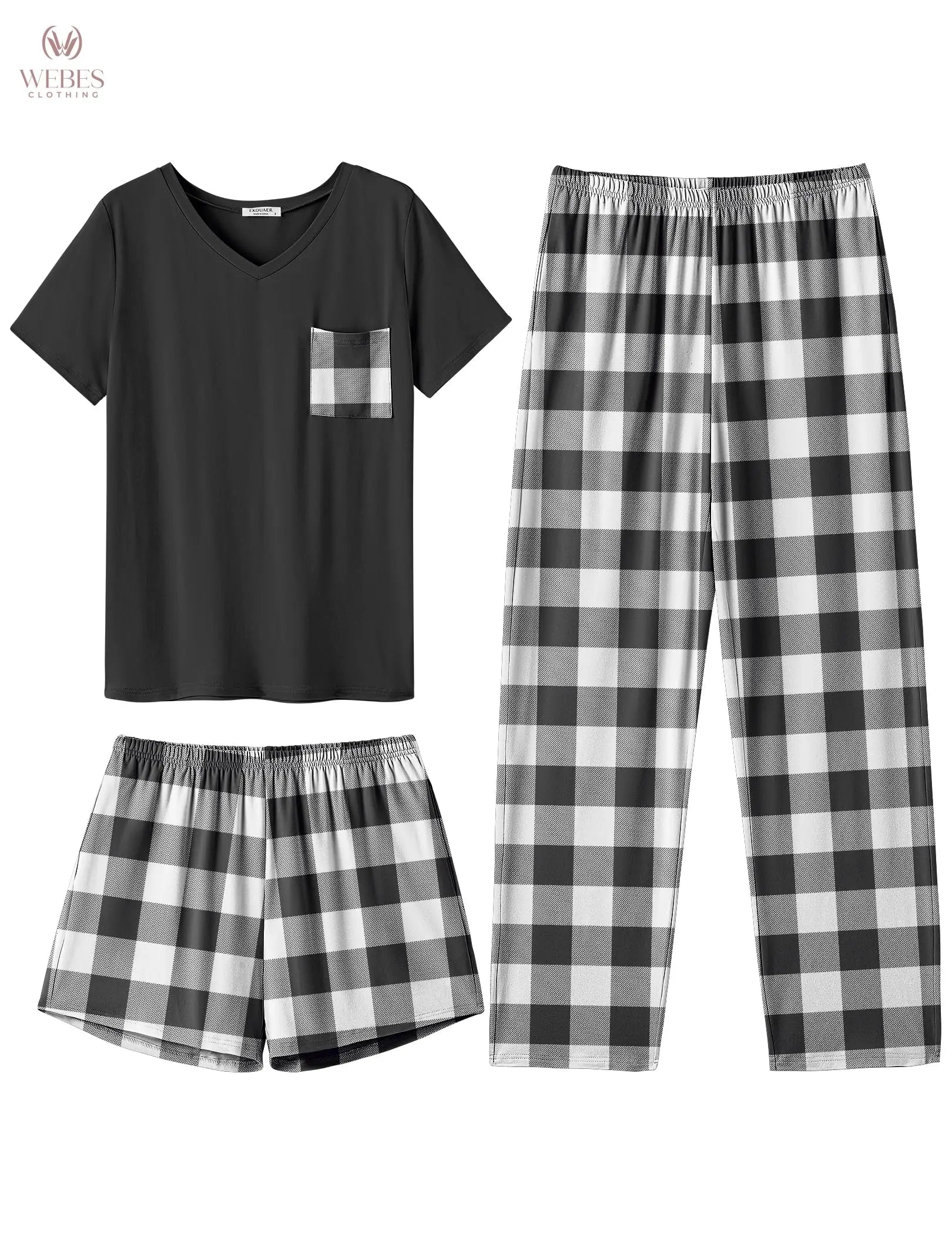 Ekouaer Women's 3 Piece Pajama Set Short Sleeve Sleepwear Pj Set Top and Shorts Pants Pjs with Pockets WEBE CLOTHING