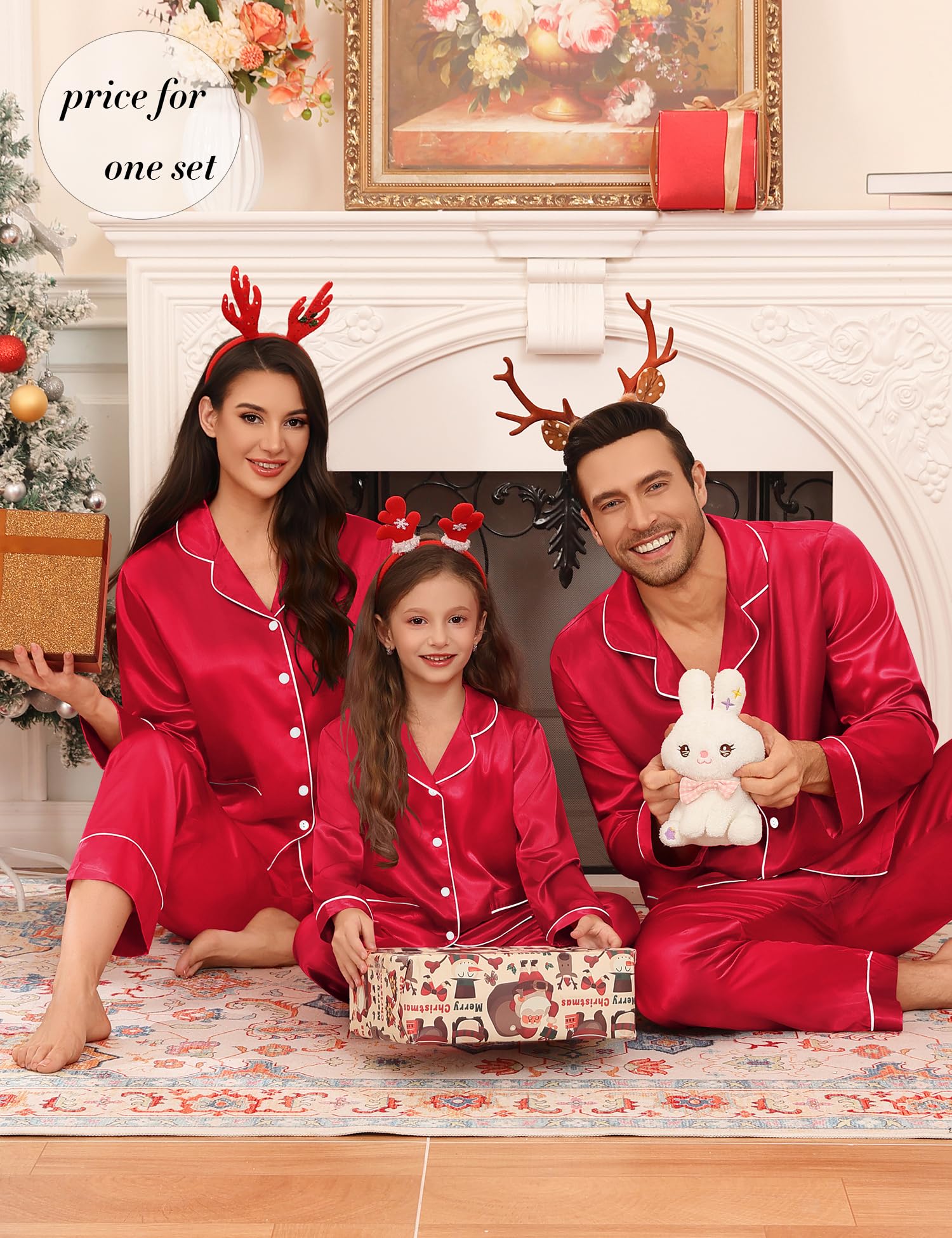 SWOMOG Matching Family Pajamas Set Women & Men & Kids Silk Satin Pjs 2 Pcs Long Sleeve Button Down Sleepwear with 2 Pockets