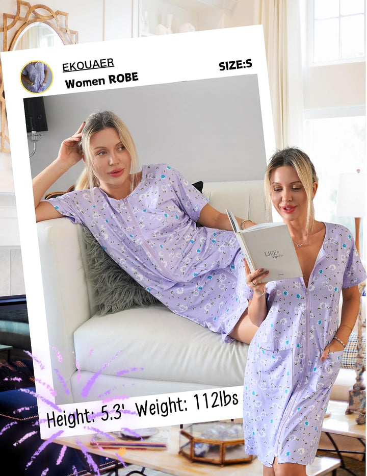 Ekouaer Women Zip Up Robe Bathrobe Lightweight House Coats with Pockets | House Coats for Women with Pockets, Short Sleeve Lightweight Robe for Women, Women's Floral Print Bathrobe, Short Summer Robe WEBE CLOTHING