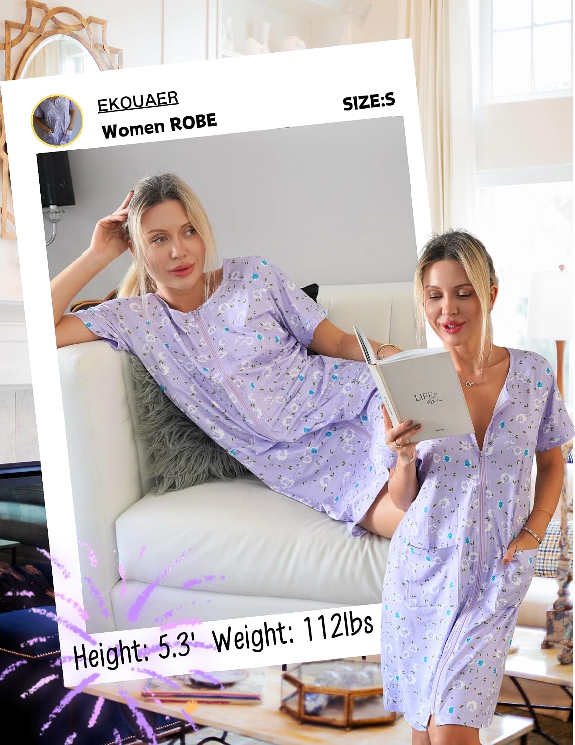 Ekouaer Women Zip Up Robe Bathrobe Lightweight House Coats with Pockets | House Coats for Women with Pockets, Short Sleeve Lightweight Robe for Women, Women's Floral Print Bathrobe, Short Summer Robe WEBE CLOTHING