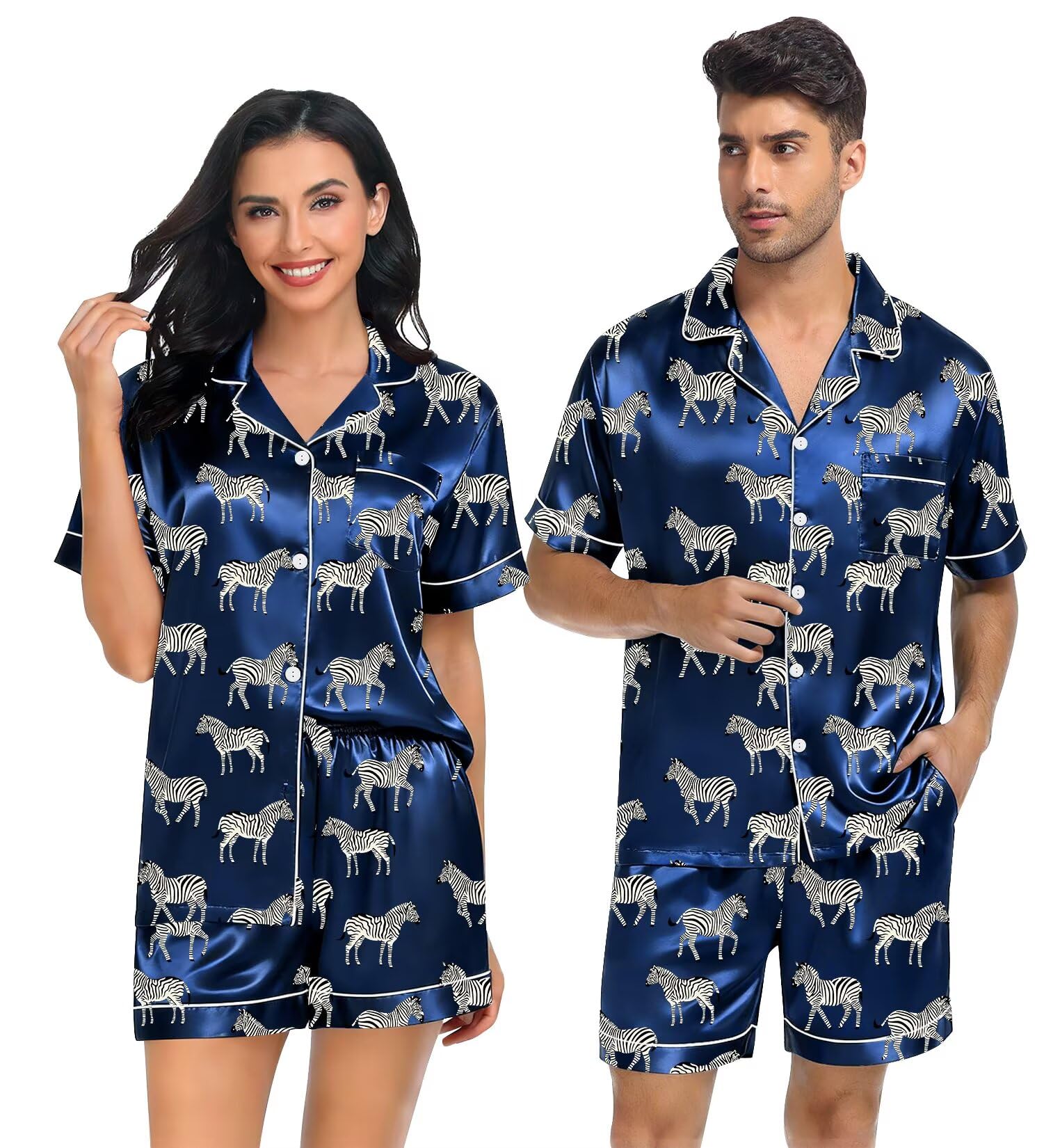 SWOMOG Satin Matching Pajamas Sets Couple Silk Button Down Nightwear Women & Men Short Sleeve Sleepwear 2 Pieces Loungewear