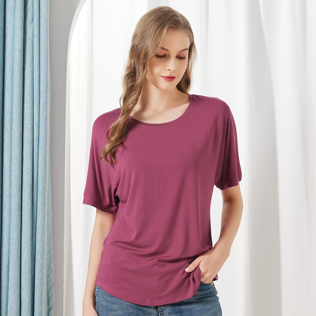 netdraw Women's Ultra Soft Bamboo Viscose Dolman Top Loose Fit Trendy Casual Lounge Short Sleeve Pajama Batwing T-Shirt