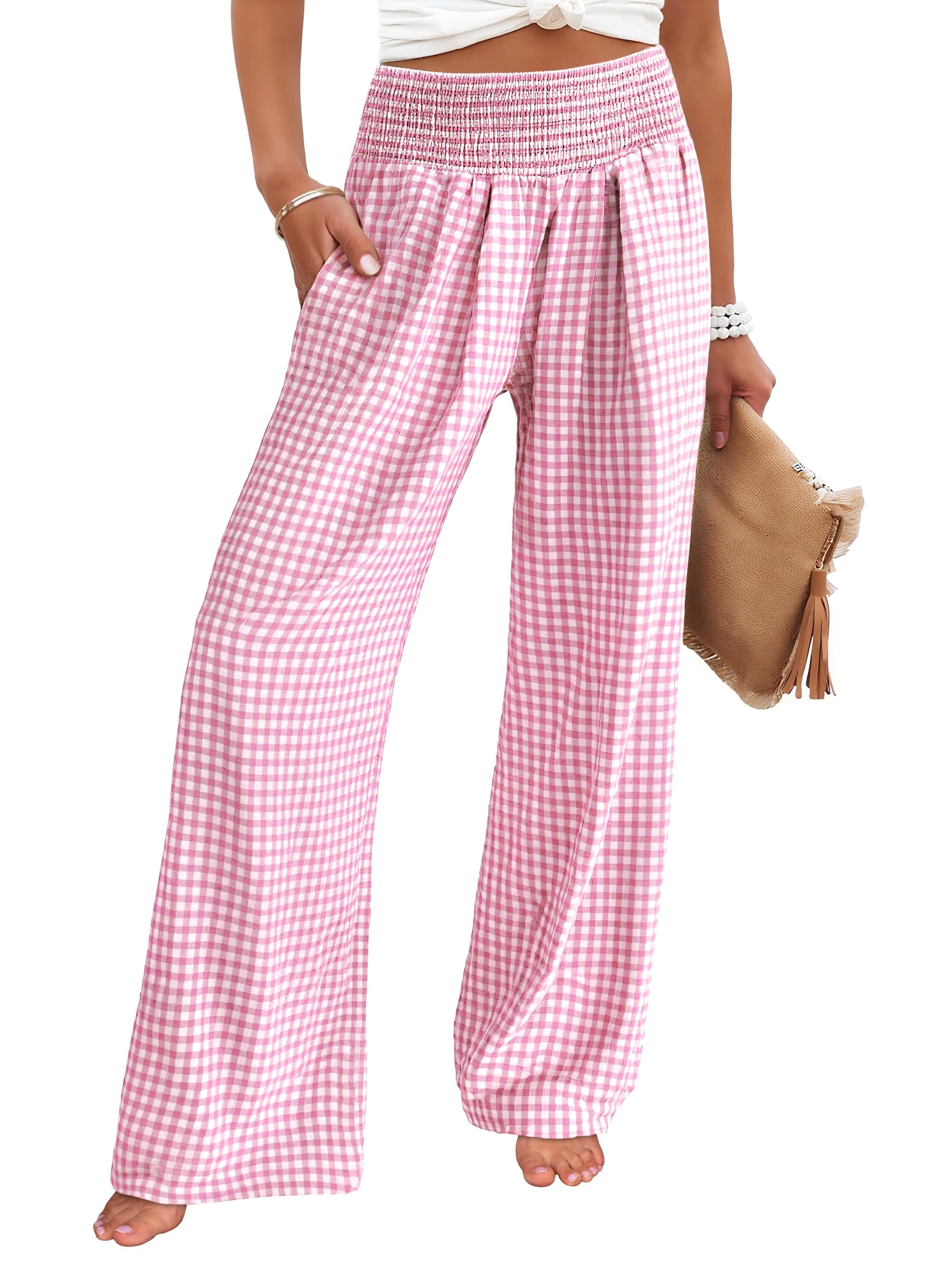 ANRABESS Womens Striped Gingham Palazzo Pants | Wide Leg Smocked High Waisted Pajama Pants, Lounge & Casual, Summer Fall Cute Pants with Pockets