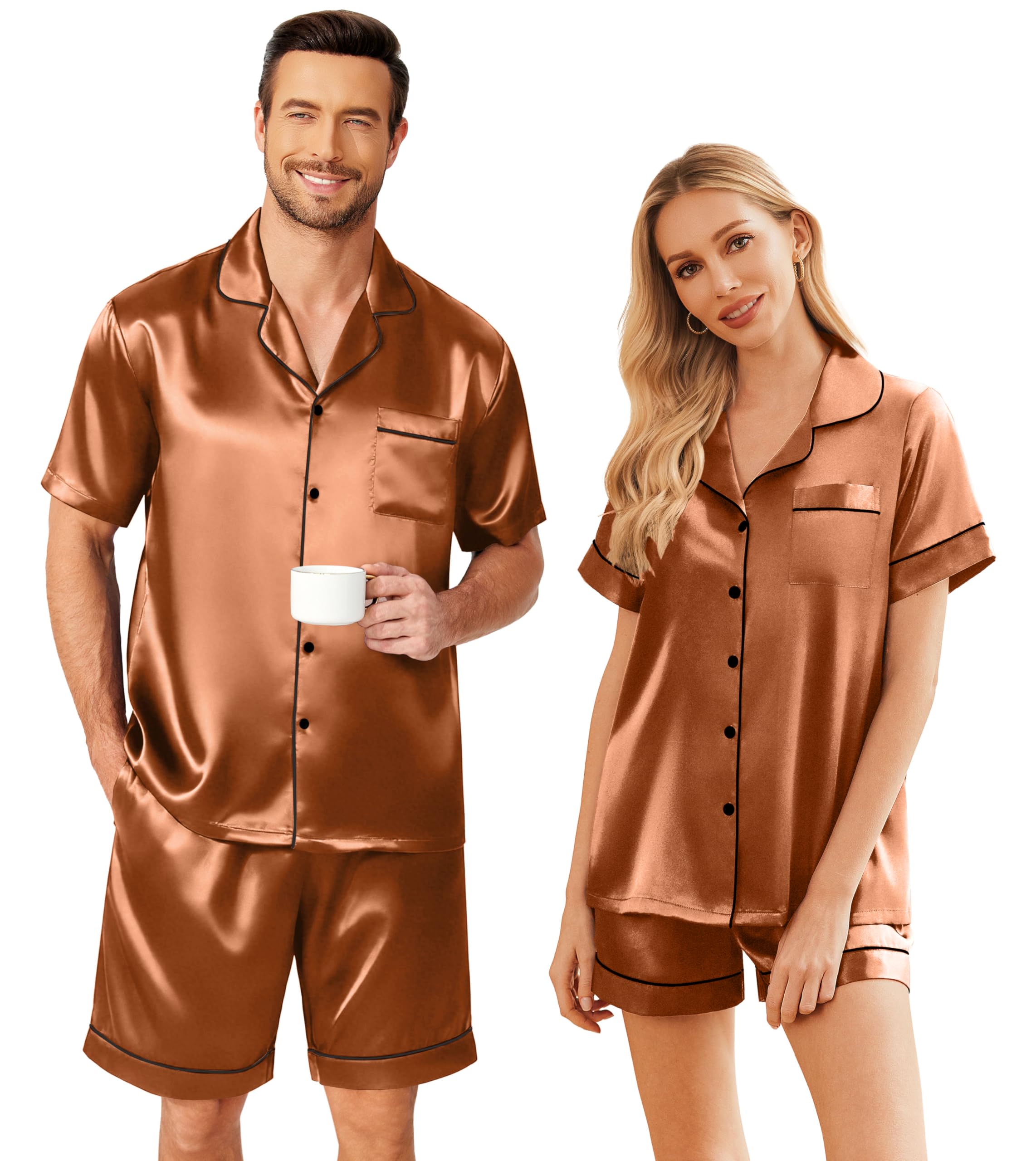 Ekouaer Couple Matching Pajamas Sets Silk Short Sleeve Button Down Sleepwear Satin Pjs Shorts Set Soft Loungewear S-XXL