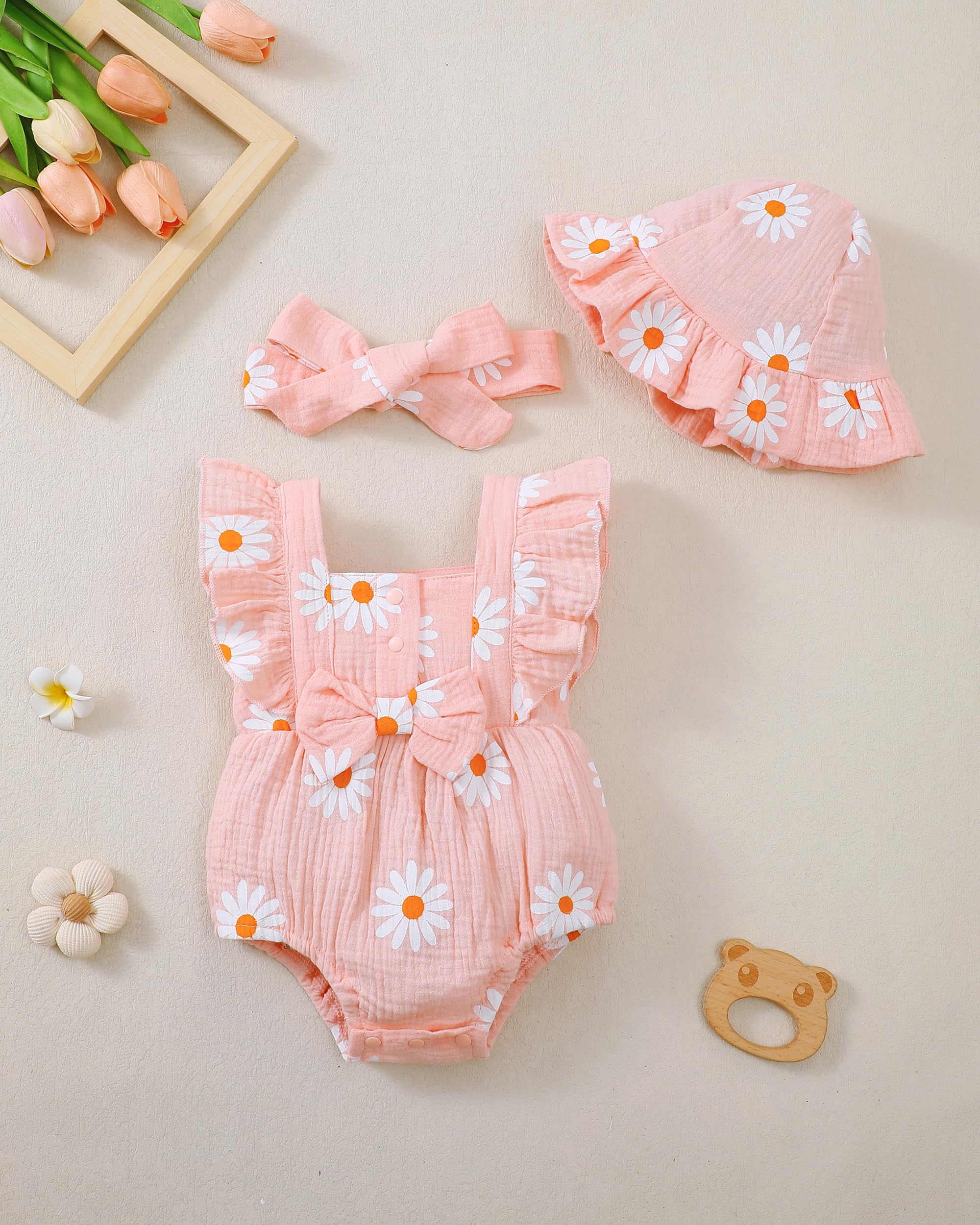 Renotemy Baby Girl Clothes Infant Summer Romper Cotton Linen Newborn Essentials Photography Preemie Outfits with Hat&Headband WEBE CLOTHING