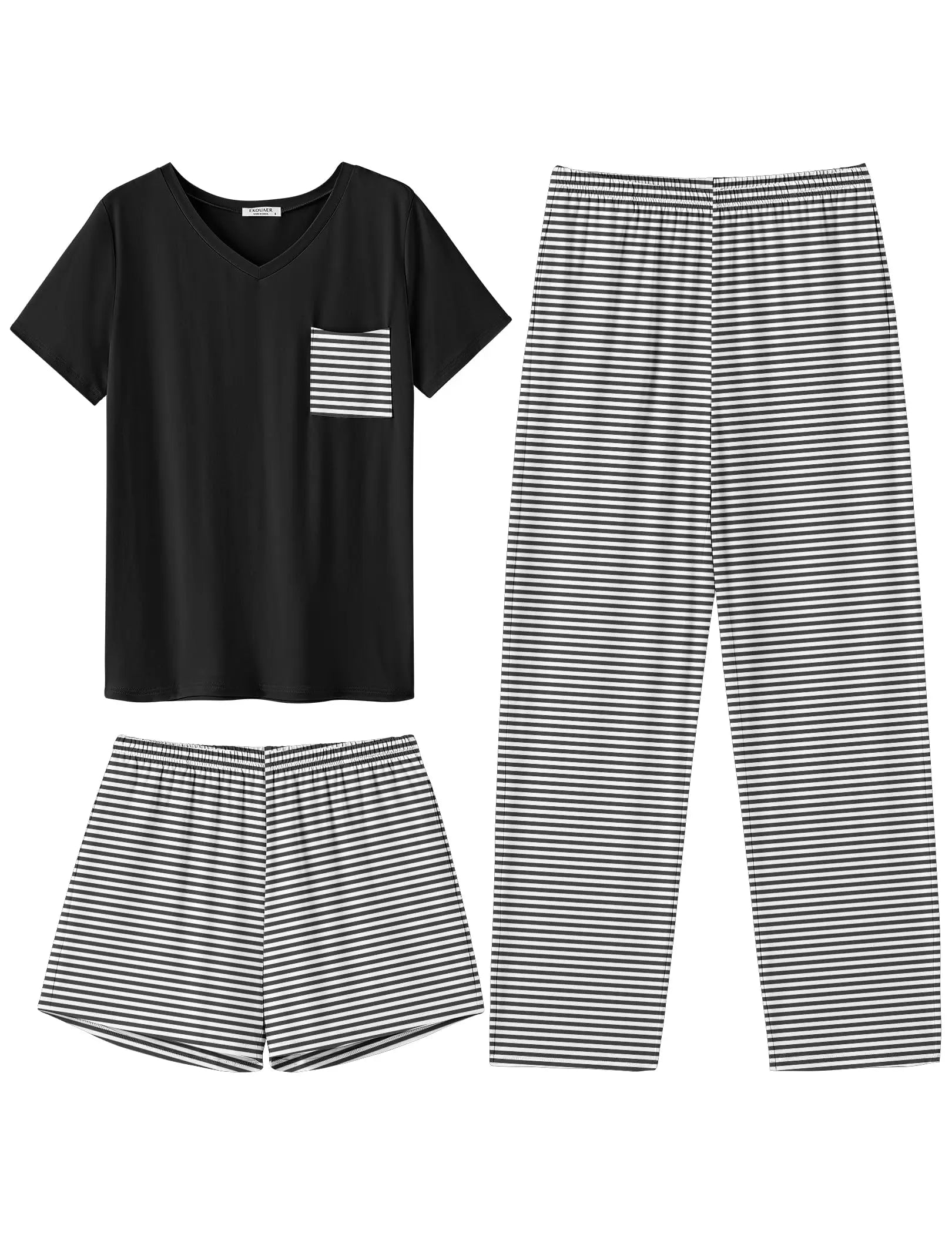 Ekouaer Women's 3 Piece Pajama Set Short Sleeve Sleepwear Pj Set Top and Shorts Pants Pjs with Pockets WEBE CLOTHING