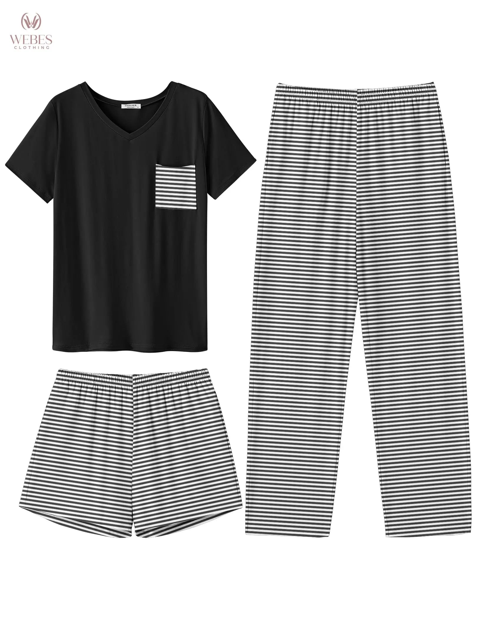 Ekouaer Women's 3 Piece Pajama Set Short Sleeve Sleepwear Pj Set Top and Shorts Pants Pjs with Pockets WEBE CLOTHING