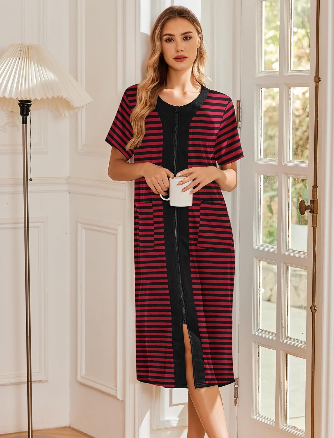 Ekouaer Robes For Women Zipper Bathrobe Short Sleeve Duster With Pockets | Zipper Front House Coat, Lightweight Sleepwear, Plus Size Loungewear, Ladies Nightgown for Mother, Postoperative Gown, Sleep WEBE CLOTHING