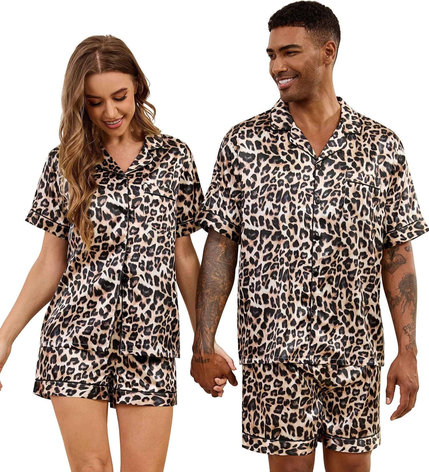 SWOMOG Satin Matching Pajamas Sets Couple Silk Button Down Nightwear Women & Men Short Sleeve Sleepwear 2 Pieces Loungewear