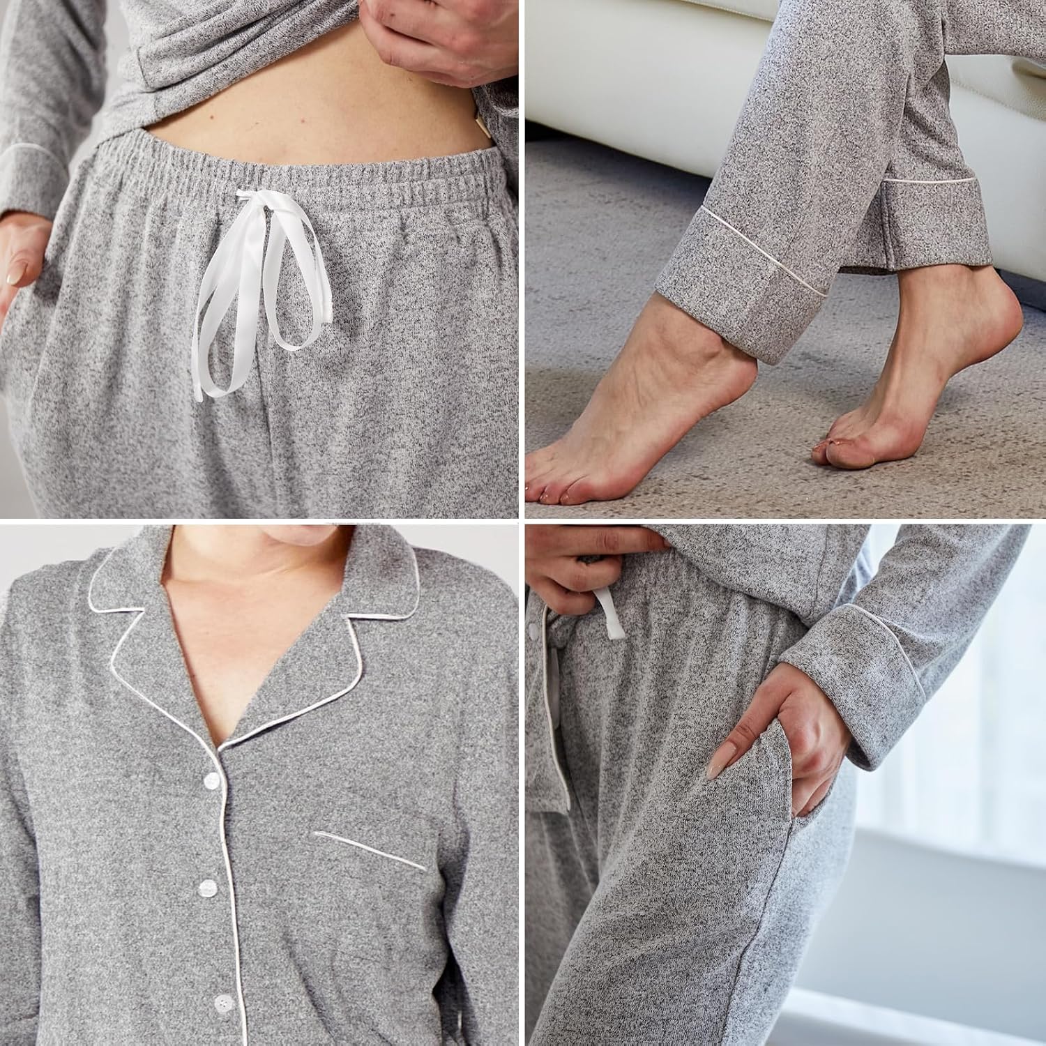 Women's Pajama Set Long Sleeve Button Down Fashion ladies Sleepwear soft Pjs knitted Loungewear Set (Large, Light-Gray)