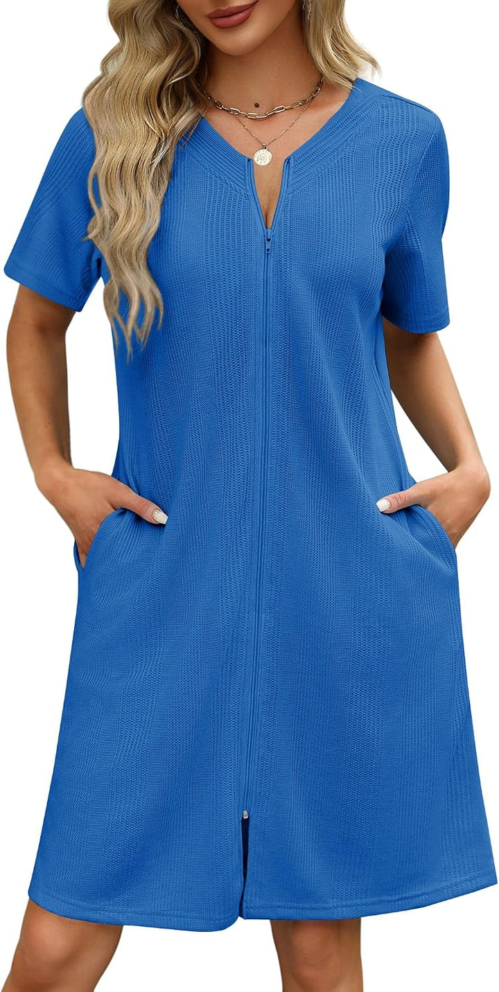 Ekouaer Women Zipper Robe Waffle Bathrobe Short House Coat with Pockets | Lightweight Robe, Short Sleeve, Waffle Material, V Neck WEBE CLOTHING