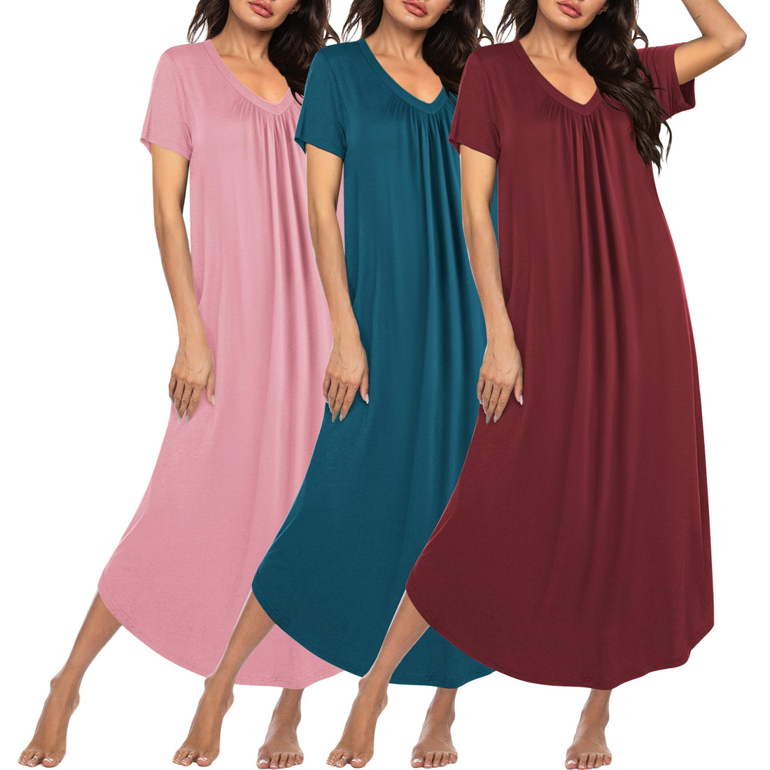 Ekouaer Long Nightgowns for Women 3 Pack House Dress Plus Size Moo Moos | V Neck Night Gowns,Short Sleeve Sleep Dress,Ladies Lounge Dress,Soft Sleep Shirt,Casual Night dress for Sleeping,Daily Wear WEBE CLOTHING