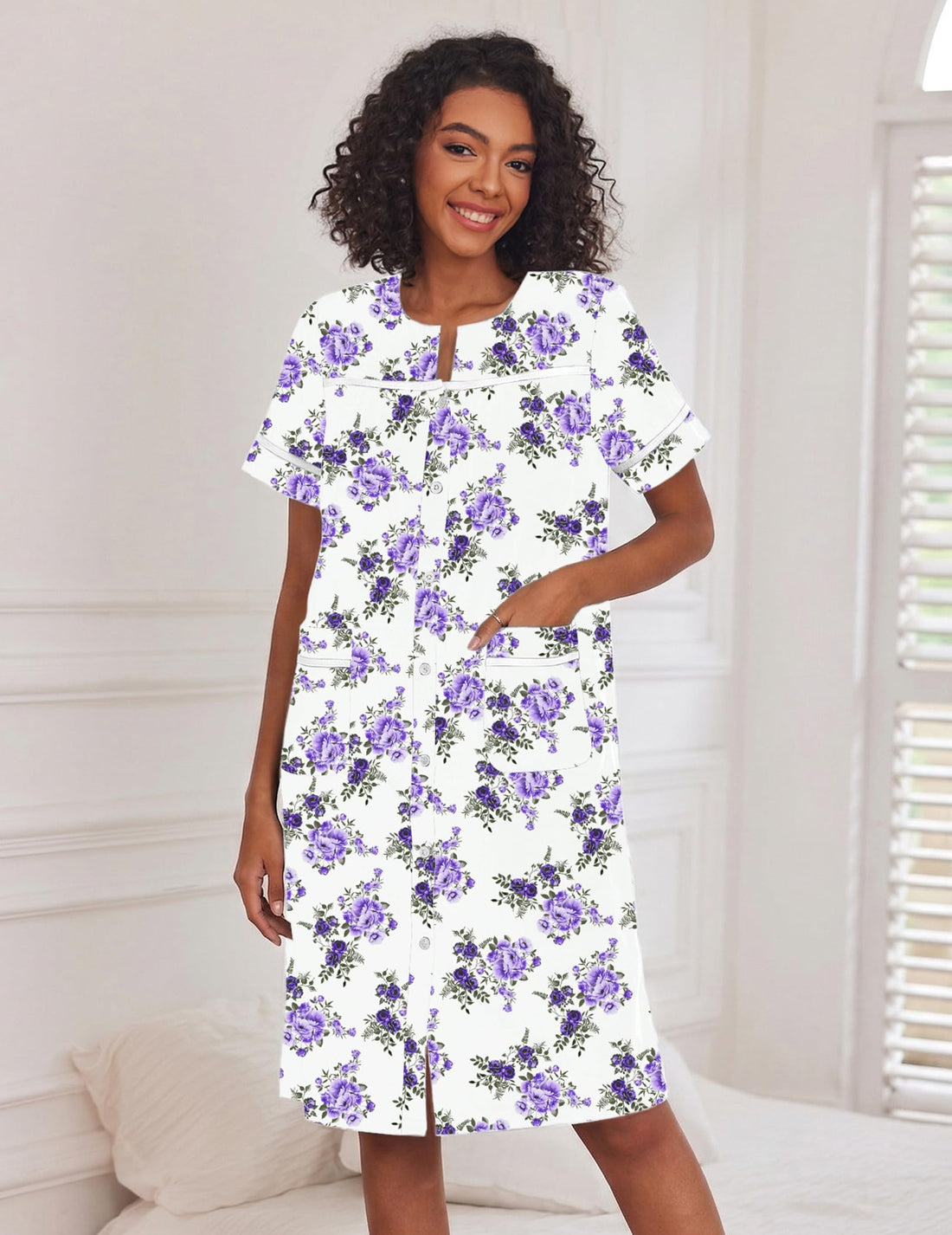 Ekouaer House Dress for Women with Pockets Duster Button Down Nightgown | Nightgowns for Women, Button Dwon House Dress with Pockets, Short Sleeve Duster Housecoat, Moo Moos for Elderly, Mumu Dress WEBE CLOTHING