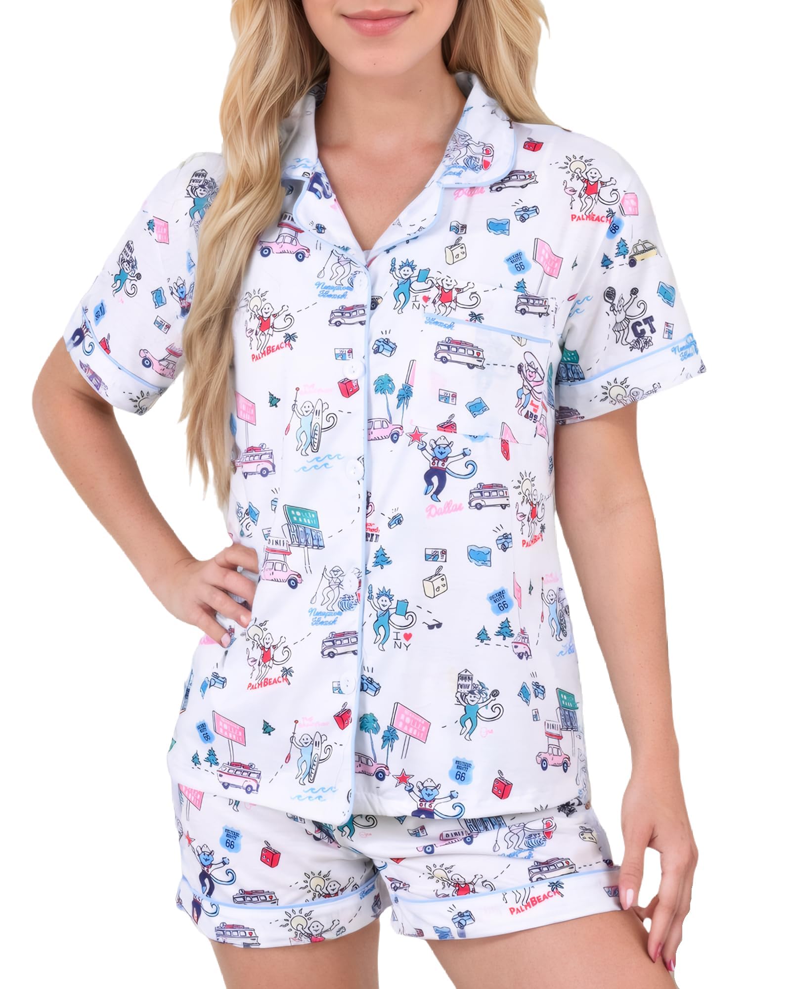 Women Y2k Pajamas Set Cute Preppy 2PCS Button Down Holiday Monkey Shorts Summer Outfit Beach Vacation Loungewear PJs WEBE CLOTHING