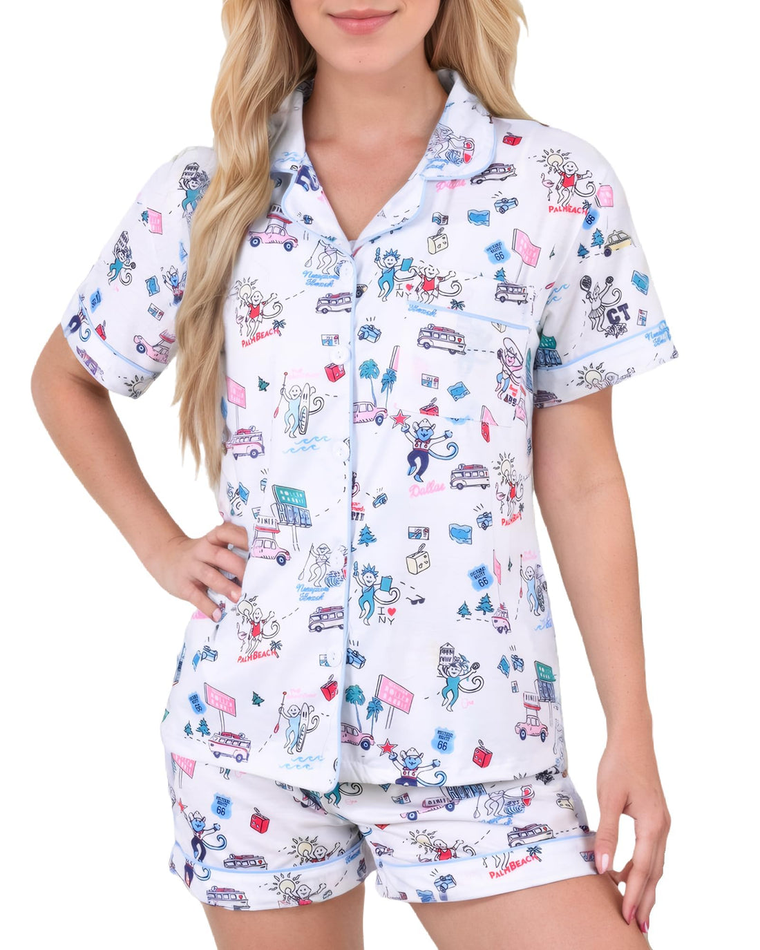 Women Y2k Pajamas Set Cute Preppy 2PCS Button Down Holiday Monkey Shorts Summer Outfit Beach Vacation Loungewear PJs WEBE CLOTHING