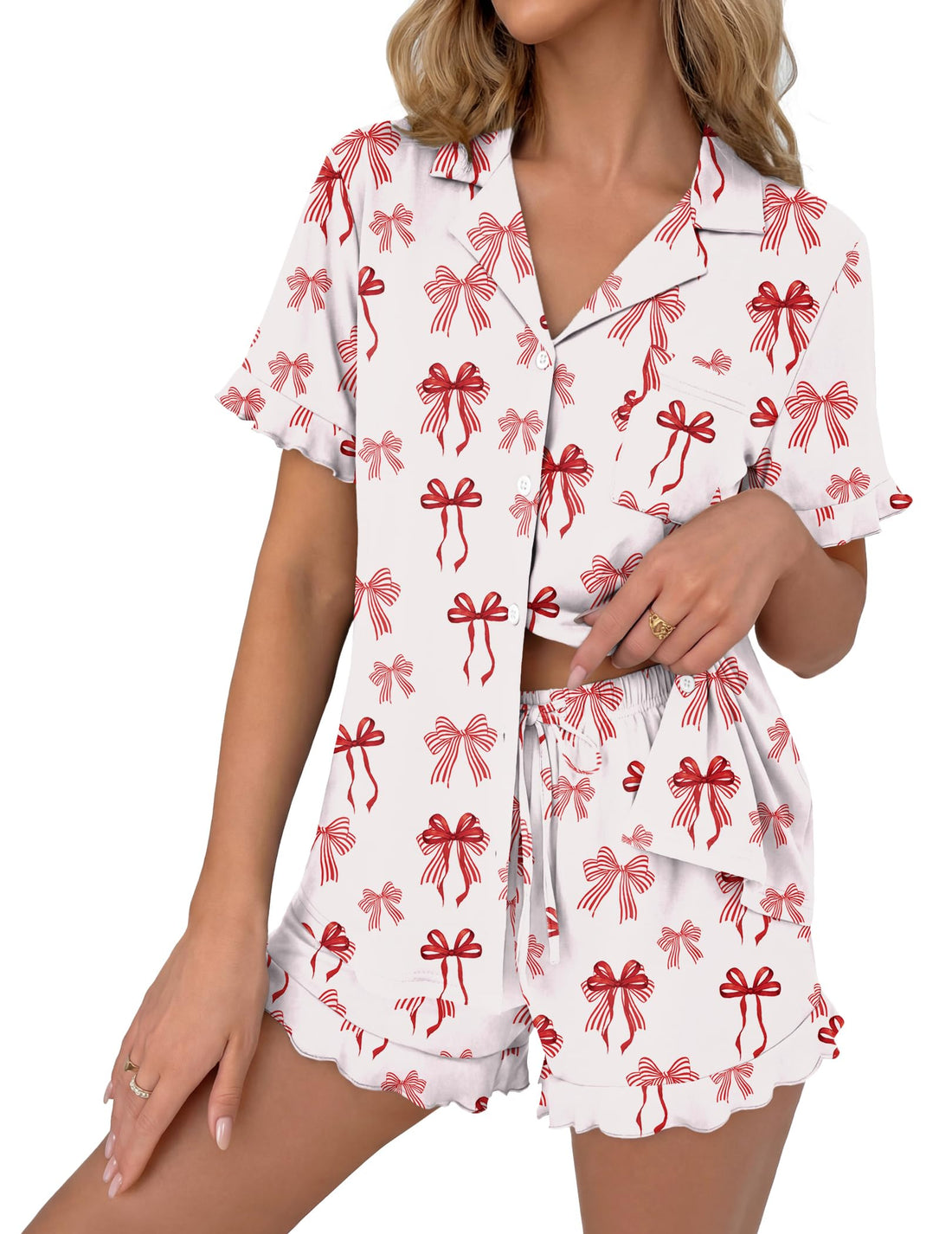 Ekouaer Pajamas Set for Women Button Down Pjs Lounge Sets Ruffle Short Sleeve Sleepwear Cute Loungewear