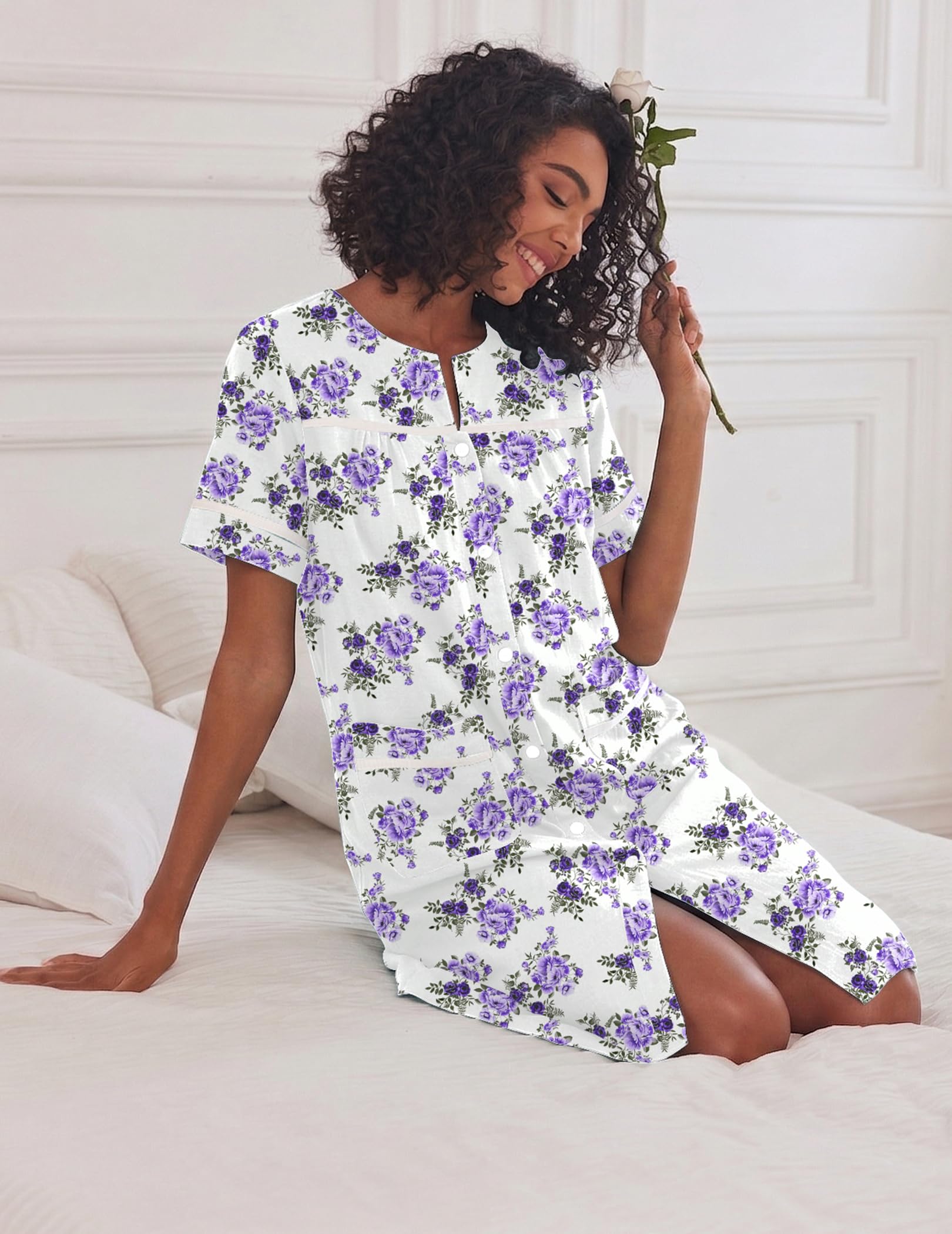 Ekouaer House Dress for Women with Pockets Duster Button Down Nightgown | Nightgowns for Women, Button Dwon House Dress with Pockets, Short Sleeve Duster Housecoat, Moo Moos for Elderly, Mumu Dress WEBE CLOTHING