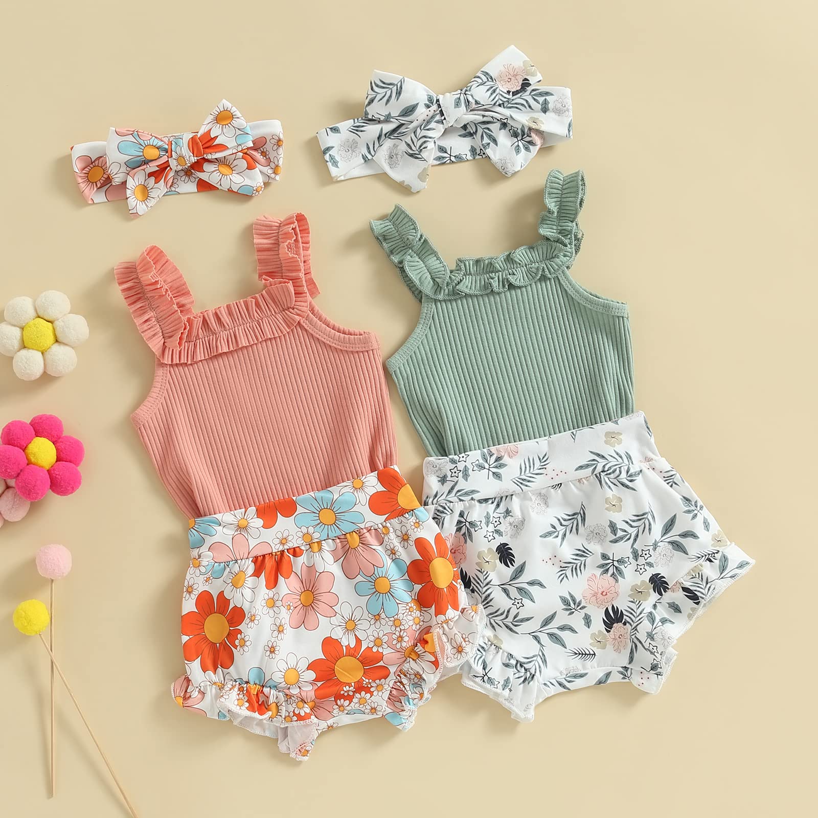 Newborn Baby Girl Summer Clothes Sleeveless Floral Top Ribbed Shorts Boho Outfit Set WEBE CLOTHING
