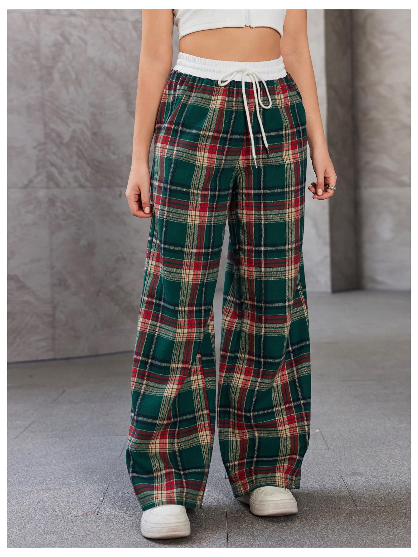 SOLY HUX Women's Plaid Checkered Pants Flannel Pajama Pants Lounge Wide Leg Baggy Sweatpants with Pockets