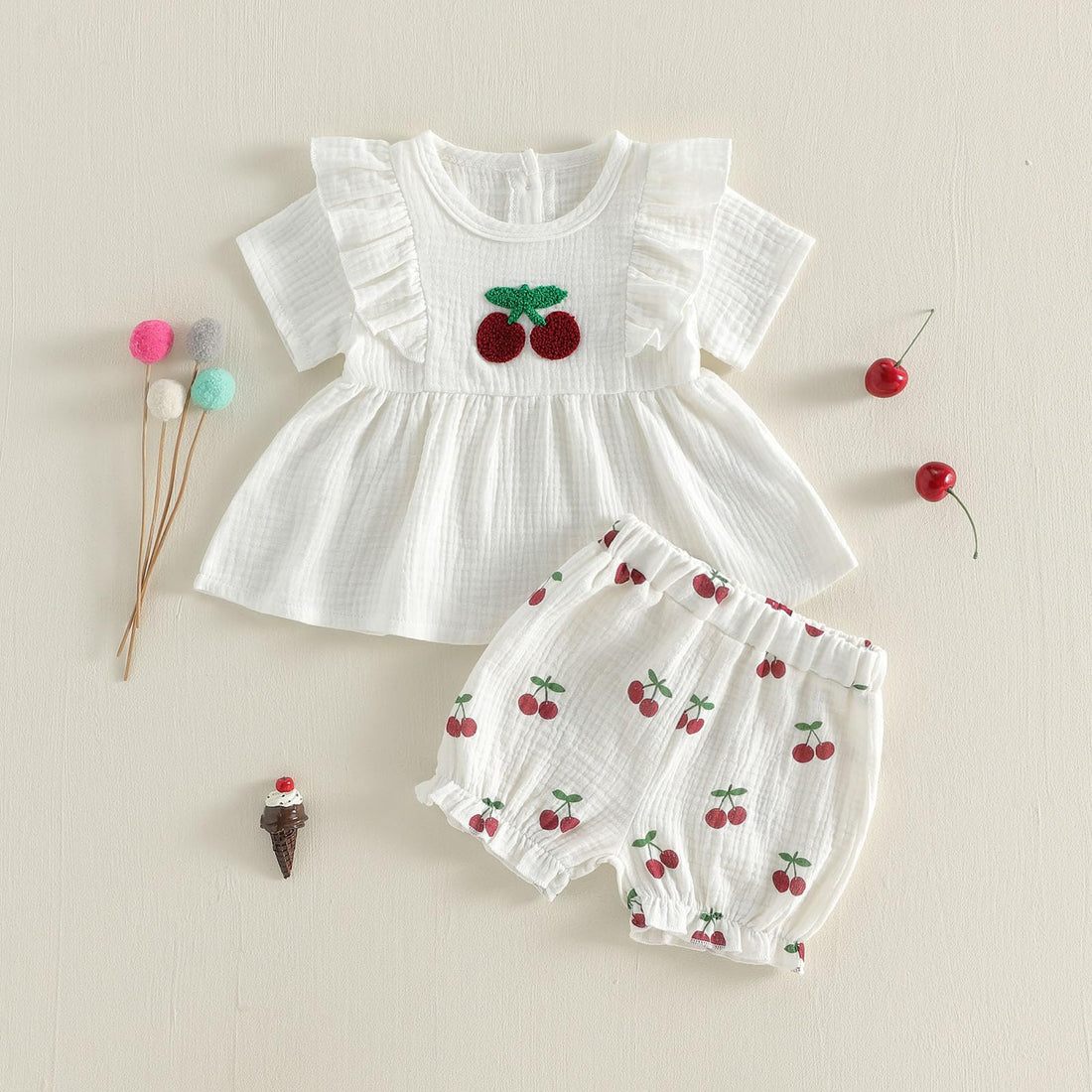 Amnnchya Toddler Girl Clothes Baby Summer Spring Outfits Cute Bow Button Smocked Ruffle Sleeve Tops ＋ Girls Shorts Set WEBE CLOTHING