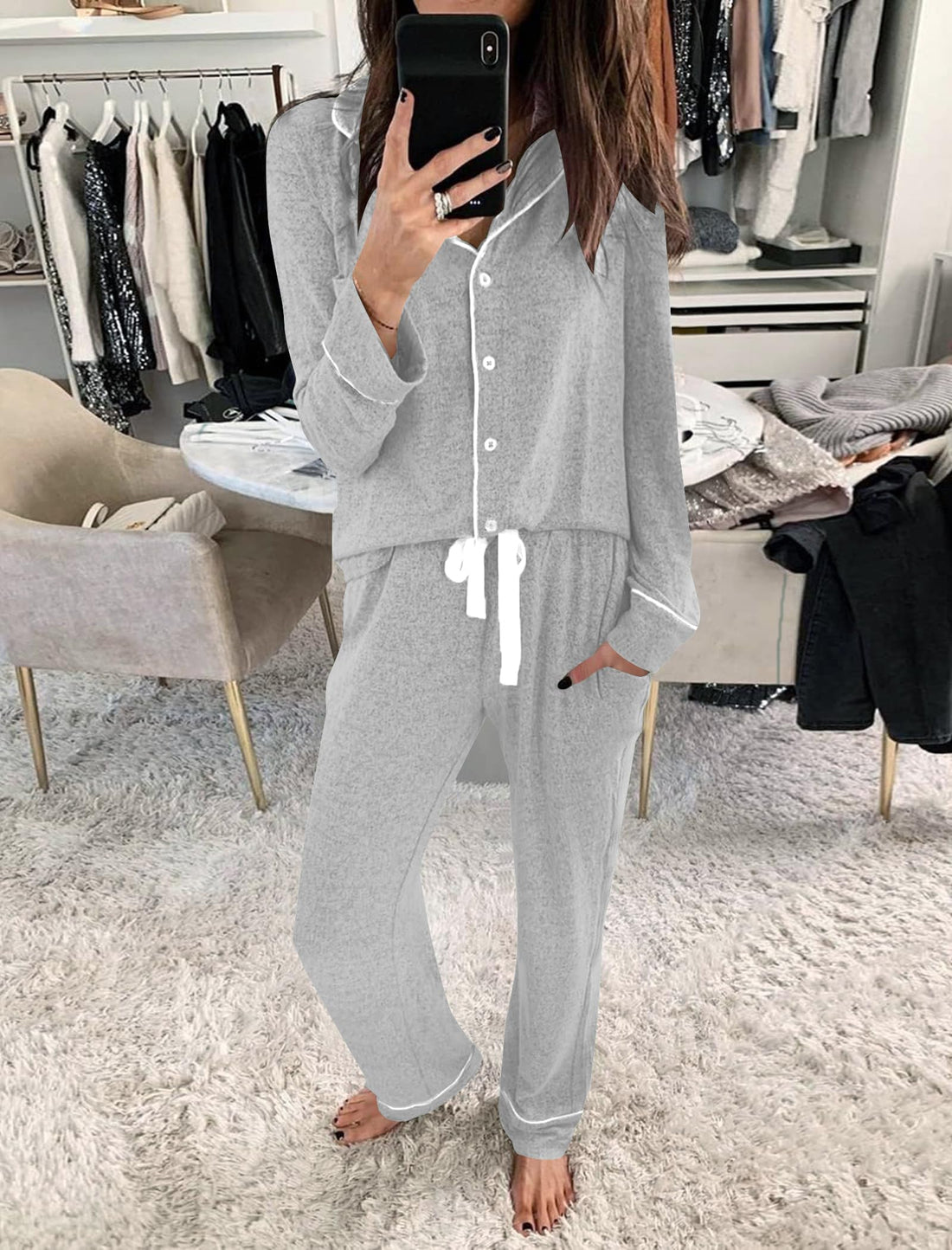 Womens Long Sleeve Pajamas Set Soft Sleepwear Button Down Shirt and Long Pants Pj Lounge Sets S-XXL with Pockets