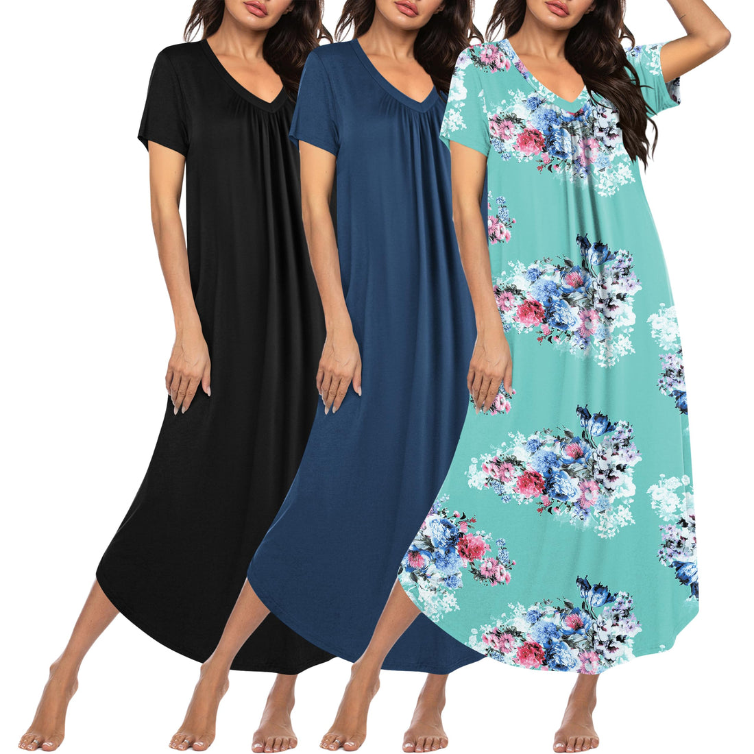 Ekouaer Long Nightgowns for Women 3 Pack House Dress Plus Size Moo Moos | V Neck Night Gowns,Short Sleeve Sleep Dress,Ladies Lounge Dress,Soft Sleep Shirt,Casual Night dress for Sleeping,Daily Wear WEBE CLOTHING