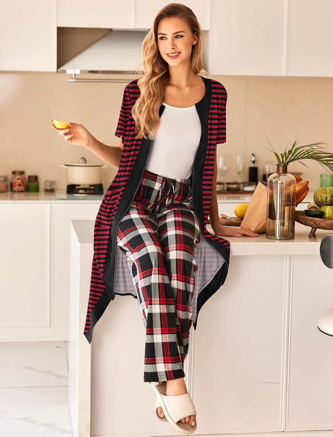 Ekouaer Robes For Women Zipper Bathrobe Short Sleeve Duster With Pockets | Zipper Front House Coat, Lightweight Sleepwear, Plus Size Loungewear, Ladies Nightgown for Mother, Postoperative Gown, Sleep WEBE CLOTHING