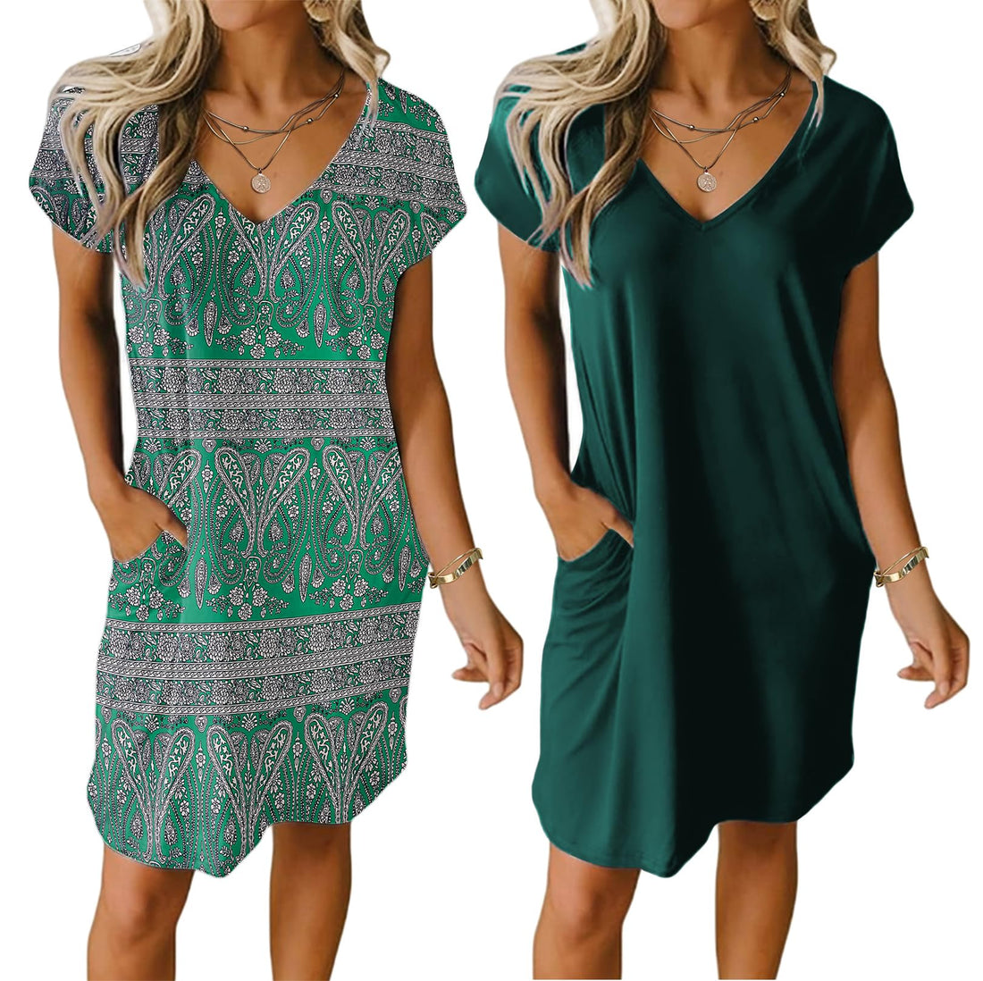 Ekouaer Womens 2 Pack Nightgown V Neck Sleepshirt Short Sleeve Nightshirt Plain/Floral Pajama Dress with Pockets