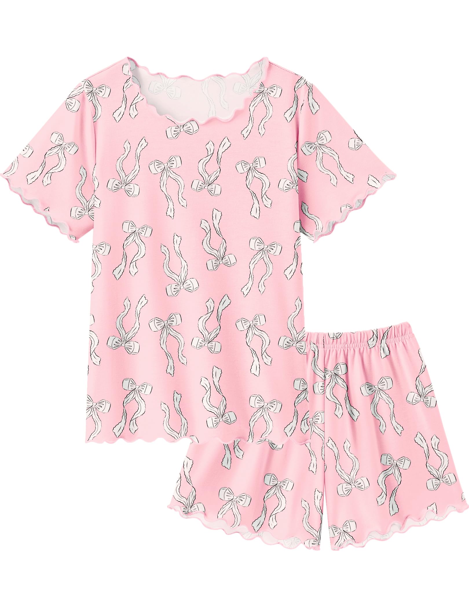 Arshiner Girls Pajama Set Short Sleeve Lounge Set Soft Shirring Summer Sleepwear Pj Sets