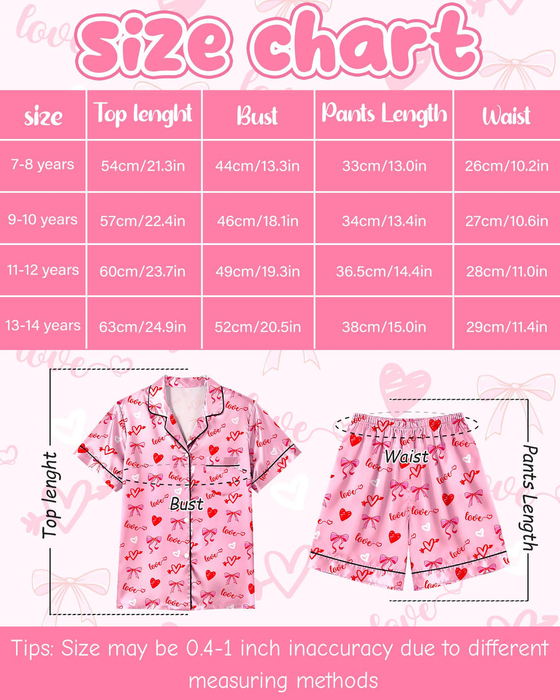 Sylfairy Girls Pajamas Silk PJS Set Pink Bow Satin Sleepwear Short Sleeve Jammies for Kids Button-Down Nightwear size 7-14