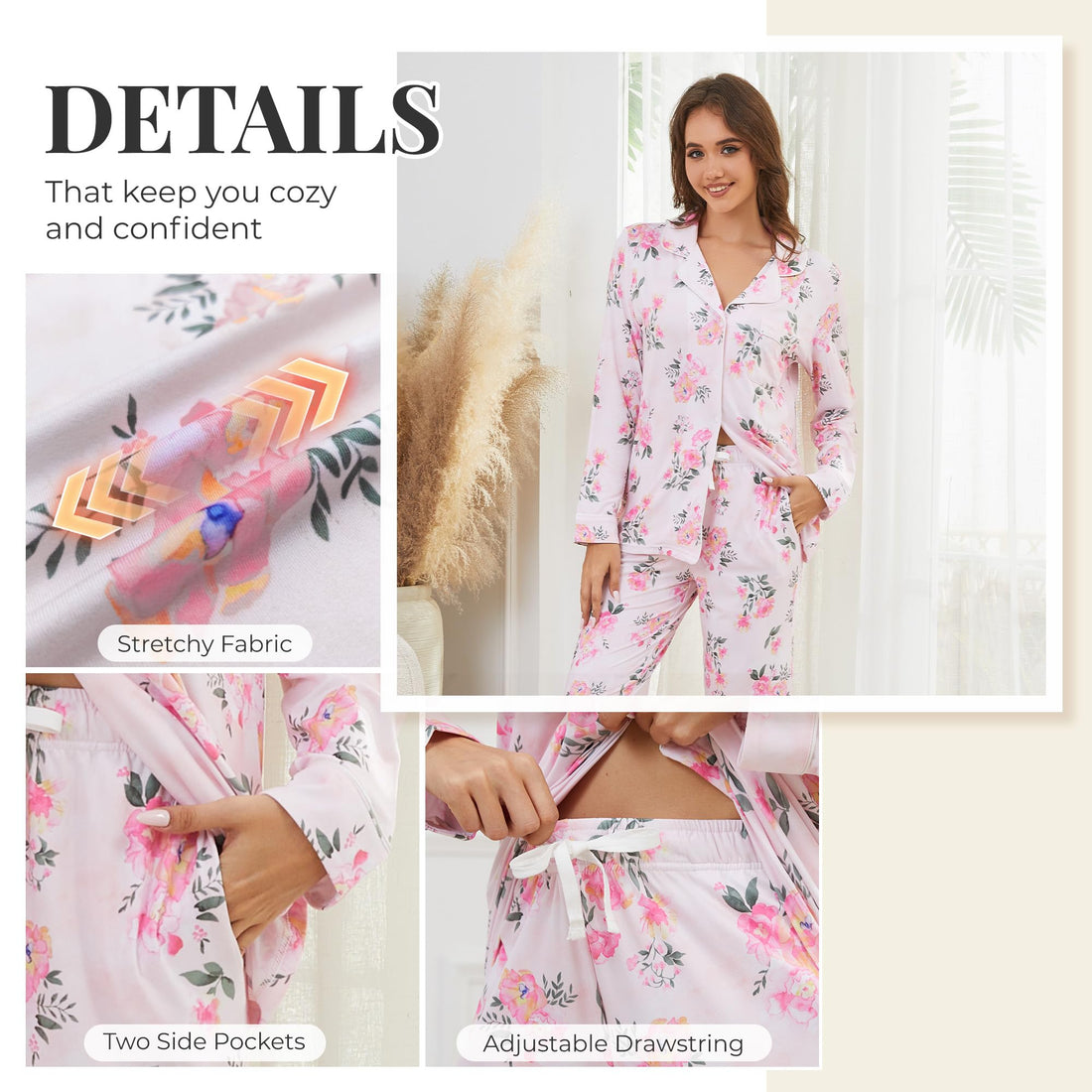LYCY Womens Pajama Sets Floral Print, Long Sleeve Button Down Pajamas Set for Women Soft Sleepwear Pjs 2 piece Loungewear