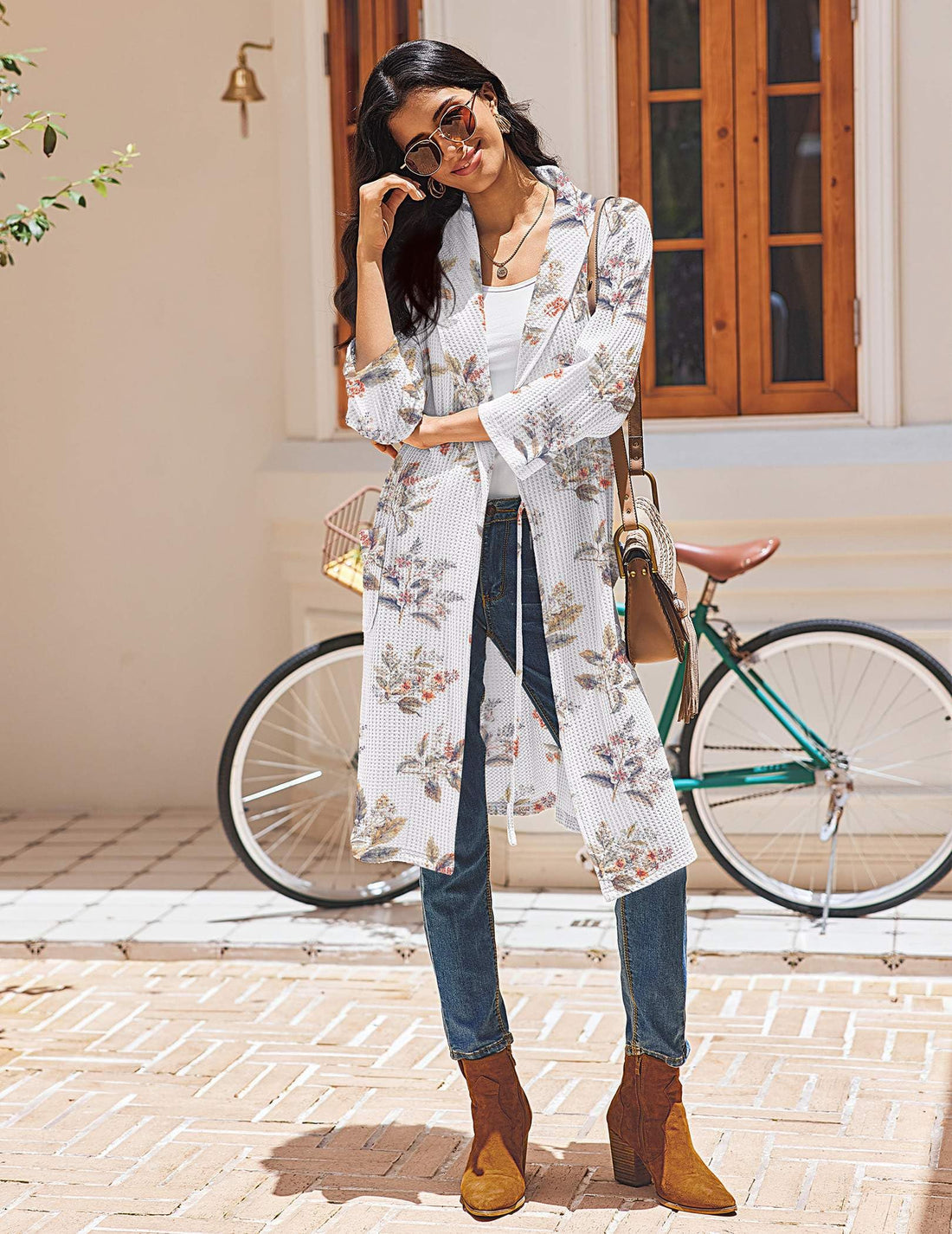 Ekouaer Robes for Women Waffle Knit Kimono Bathrobe Loungewear with Pockets | Maternity,Lightweight,Knee Length, Soft,Comfy,Robe,Floral Print,House Coat