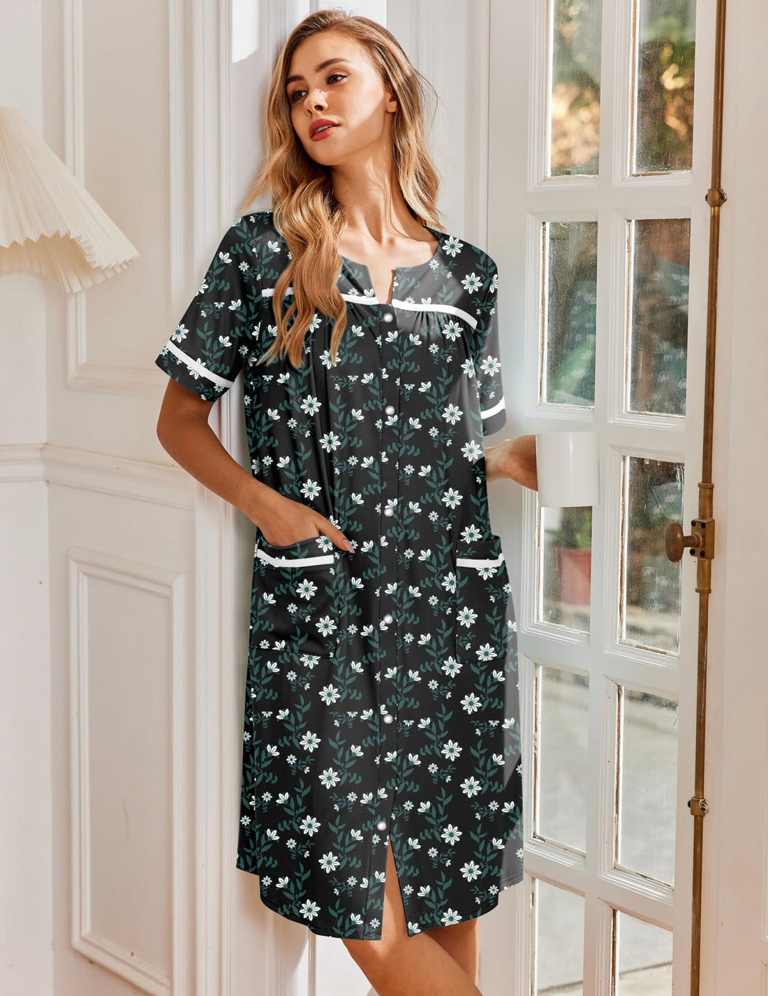 Ekouaer Nightgowns for Women House Dress with Pockets Snap Front House Coat | Duster Mumu Dress, Short Sleeve Moo Moos, Plus Size Sleepwear, Casual Lounge Dress, Labor Delivery Gown, Daily Wear, Home