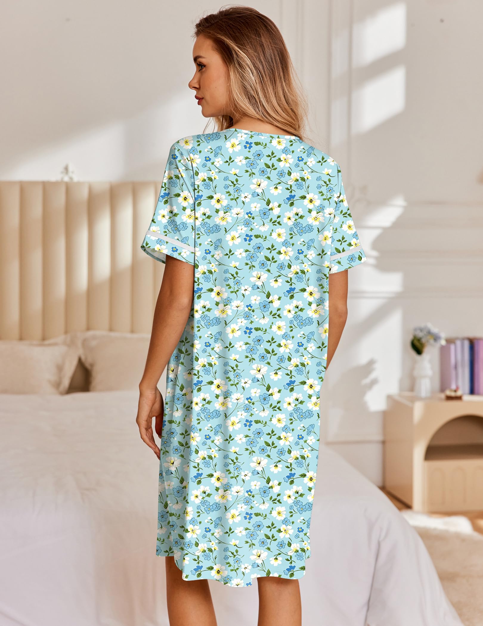 Ekouaer Nightgowns for Women House Dress with Pockets Snap Front House Coat | Duster Mumu Dress, Short Sleeve Moo Moos, Plus Size Sleepwear, Casual Lounge Dress, Labor Delivery Gown, Daily Wear, Home