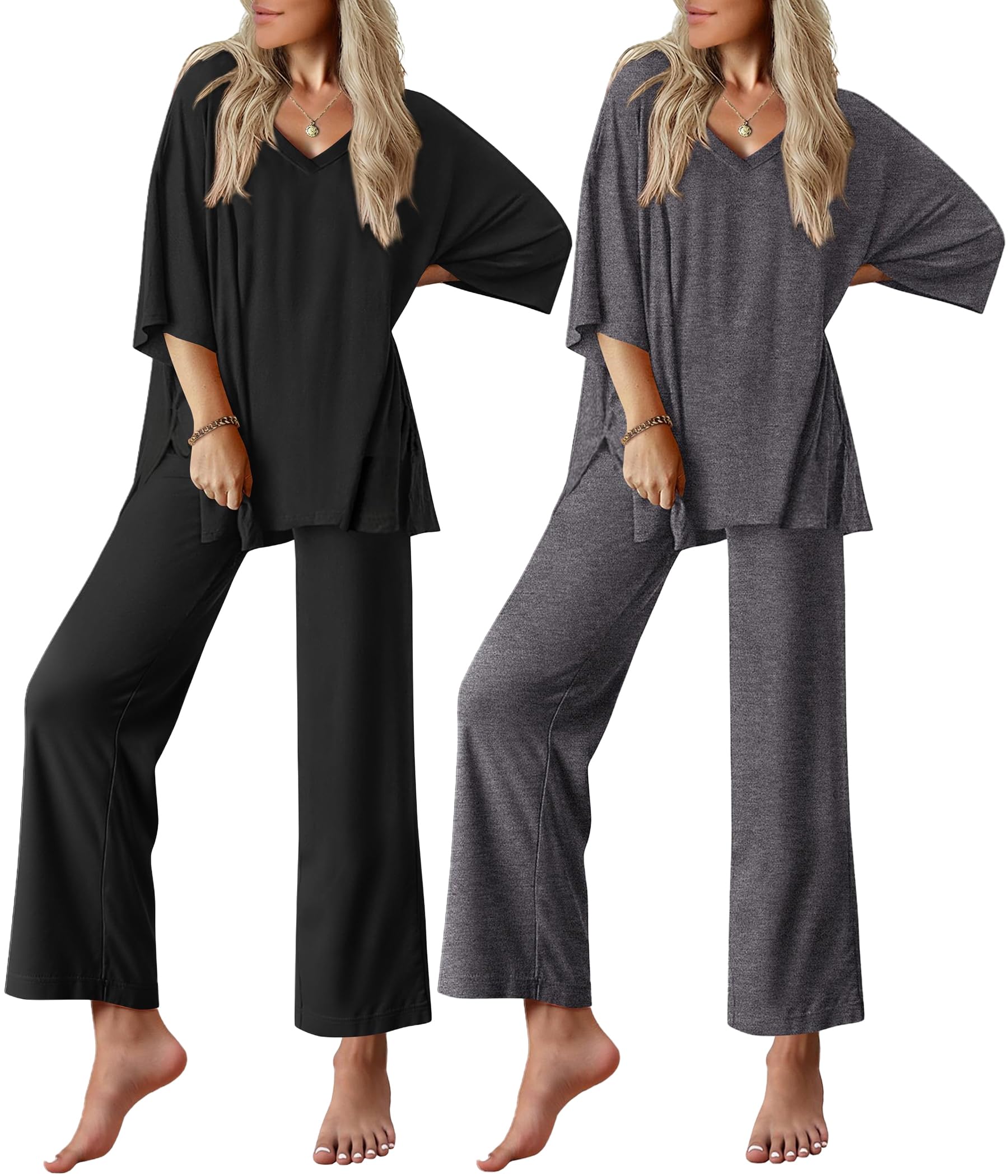 Ekouaer 2 Packs Lounge Sets for Women Short Sleeve Pajamas Set V Neck Top and Long Pants Comfy Pjs Outifts with Pockets
