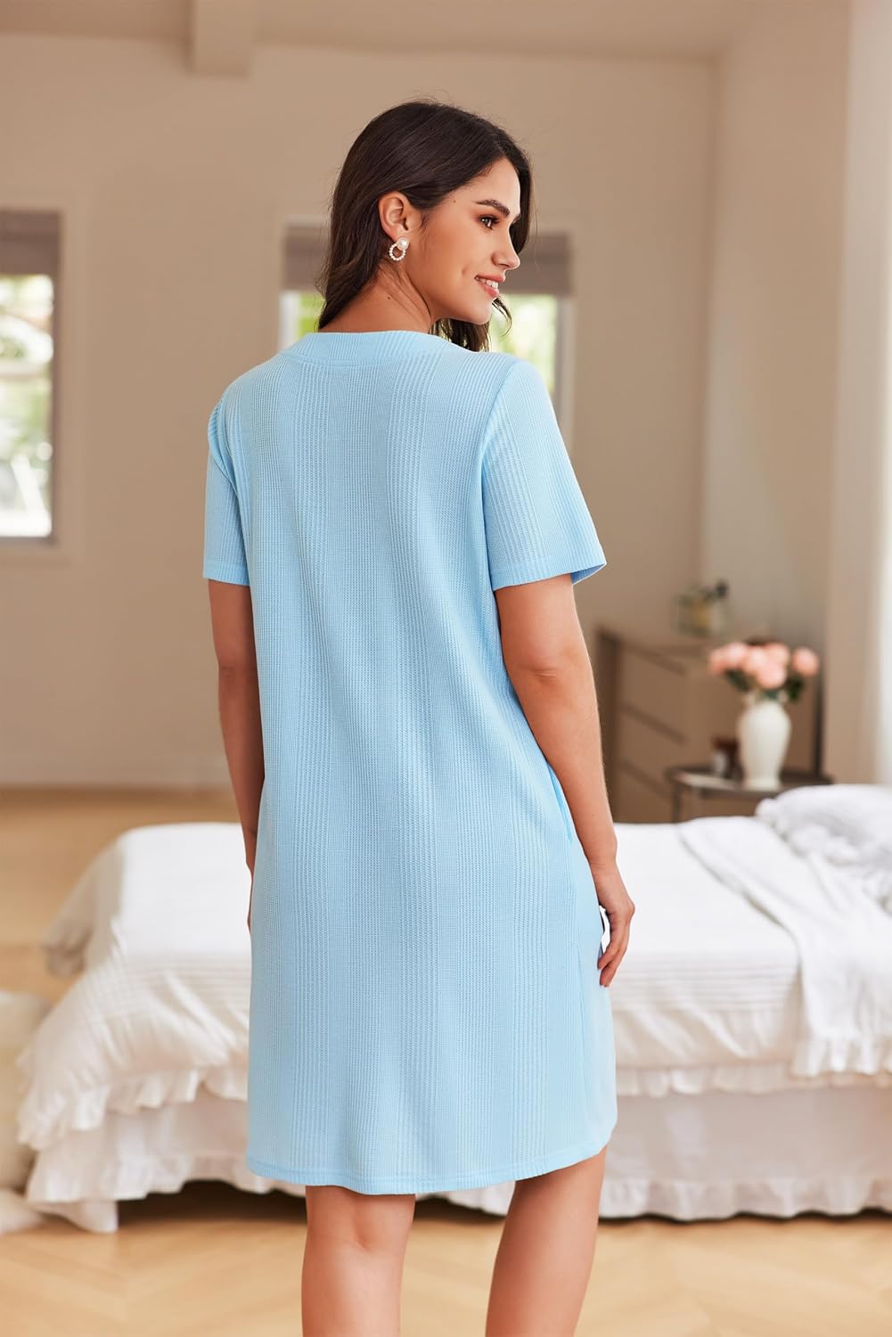 Ekouaer Women Zipper Robe Waffle Bathrobe Short House Coat with Pockets | Lightweight Robe, Short Sleeve, Waffle Material, V Neck WEBE CLOTHING