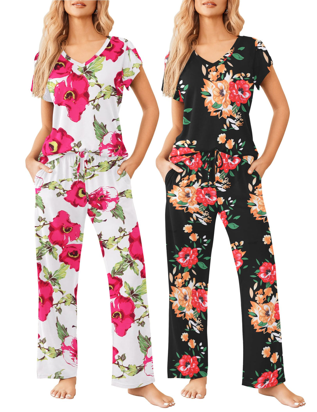 Ekouaer 2 Pack Womens Pajamas Short Sleeve Sleepwear Top with Pants Super-Soft Printed Lounge Sets S-XXL