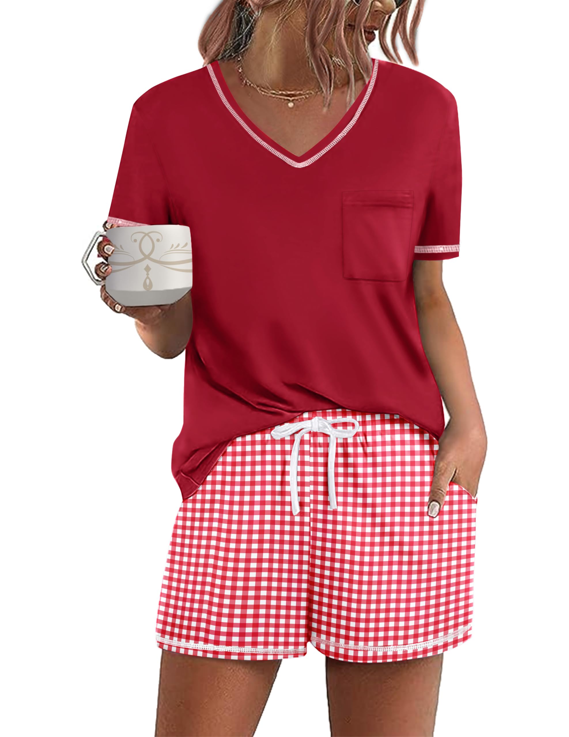 Ekouaer Women's Pajamas Sets Short Sleeve Pjs Two Piece Sleepwear Casual Lounge Sets With Pockets