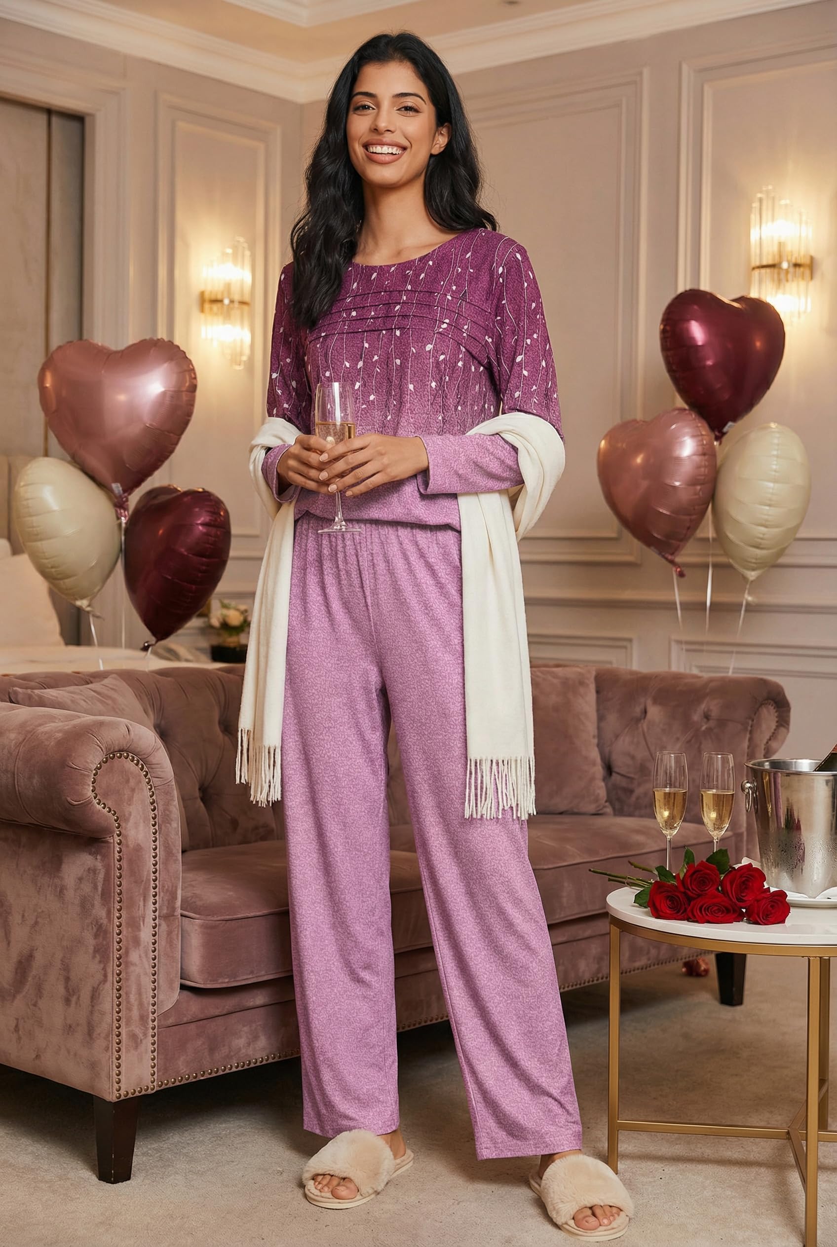 Ekouaer Womens Pajama Sets Pleated Tops with Long Pants Lounge Set Long Sleeve Fall Sleepwear Ladies Pjs S-XXL