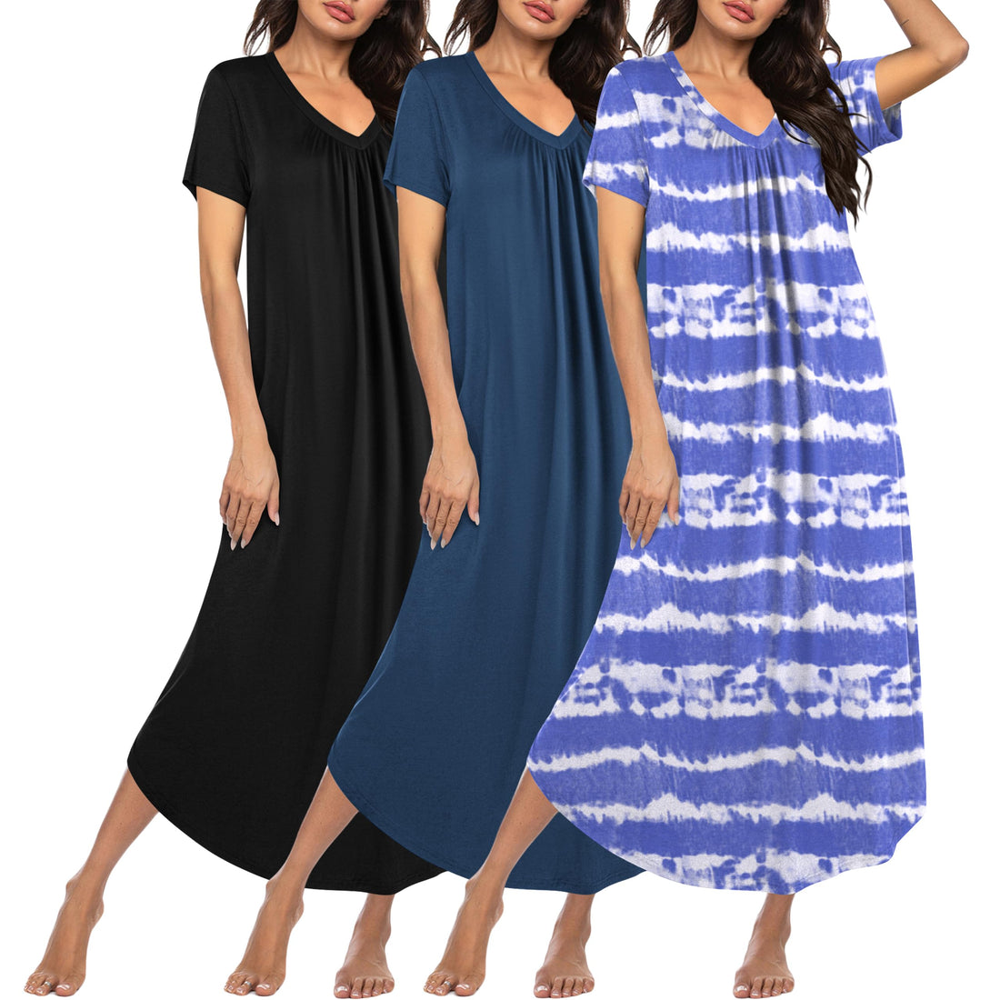Ekouaer Long Nightgowns for Women 3 Pack House Dress Plus Size Moo Moos | V Neck Night Gowns,Short Sleeve Sleep Dress,Ladies Lounge Dress,Soft Sleep Shirt,Casual Night dress for Sleeping,Daily Wear WEBE CLOTHING