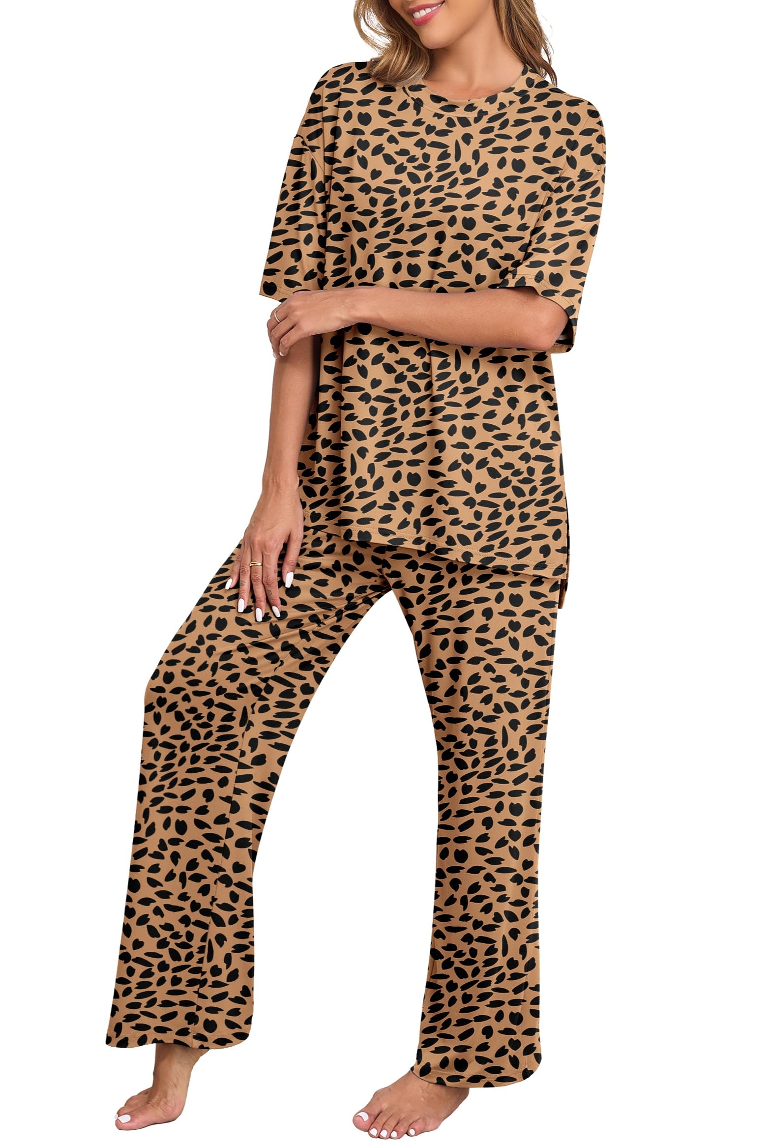 PrinStory Womens Pajamas Sets 2 Piece Lounge Set Short Sleeve Tops and Long Pants Soft Pjs Loungewear with Pockets