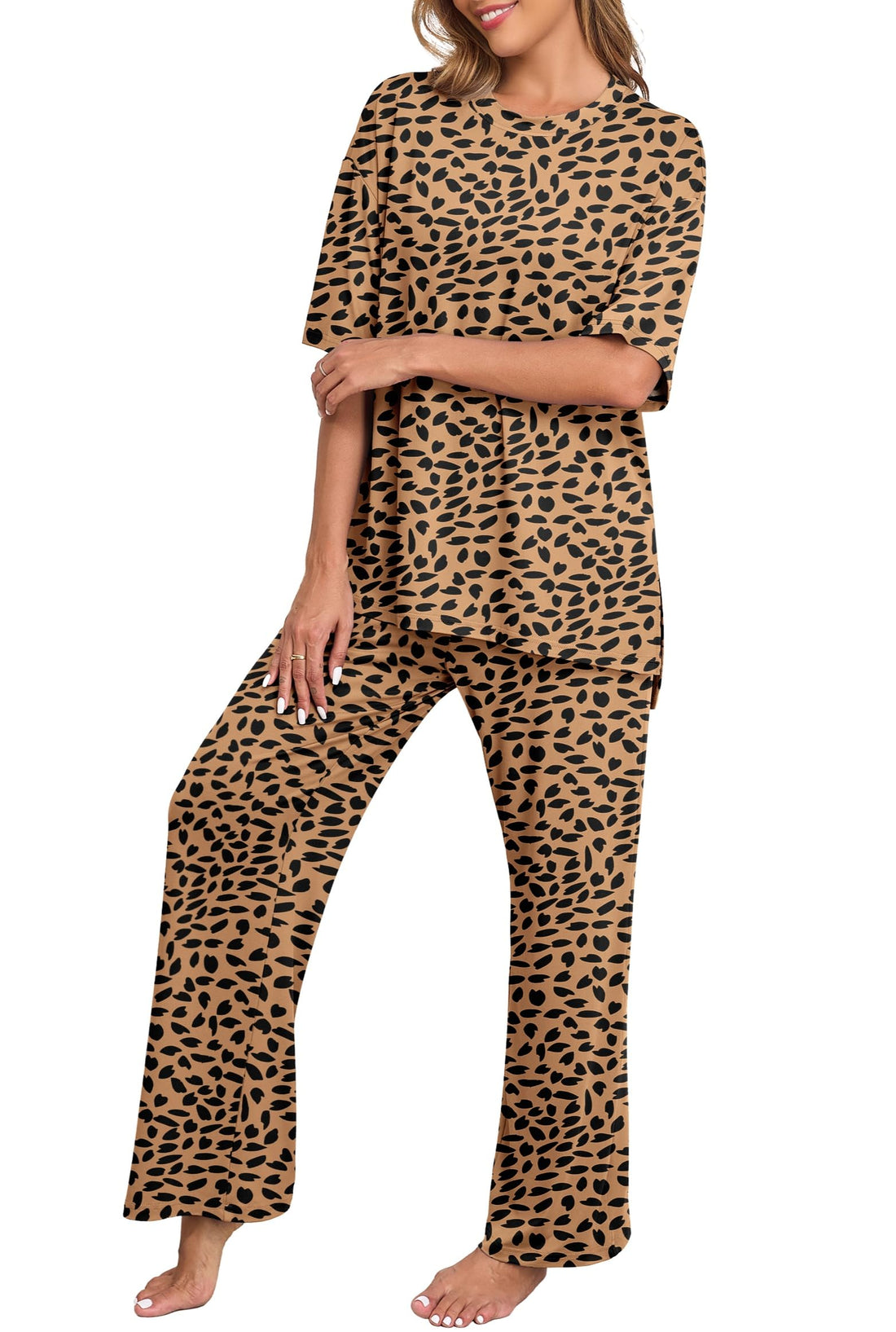 PrinStory Womens Pajamas Sets 2 Piece Lounge Set Short Sleeve Tops and Long Pants Soft Pjs Loungewear with Pockets