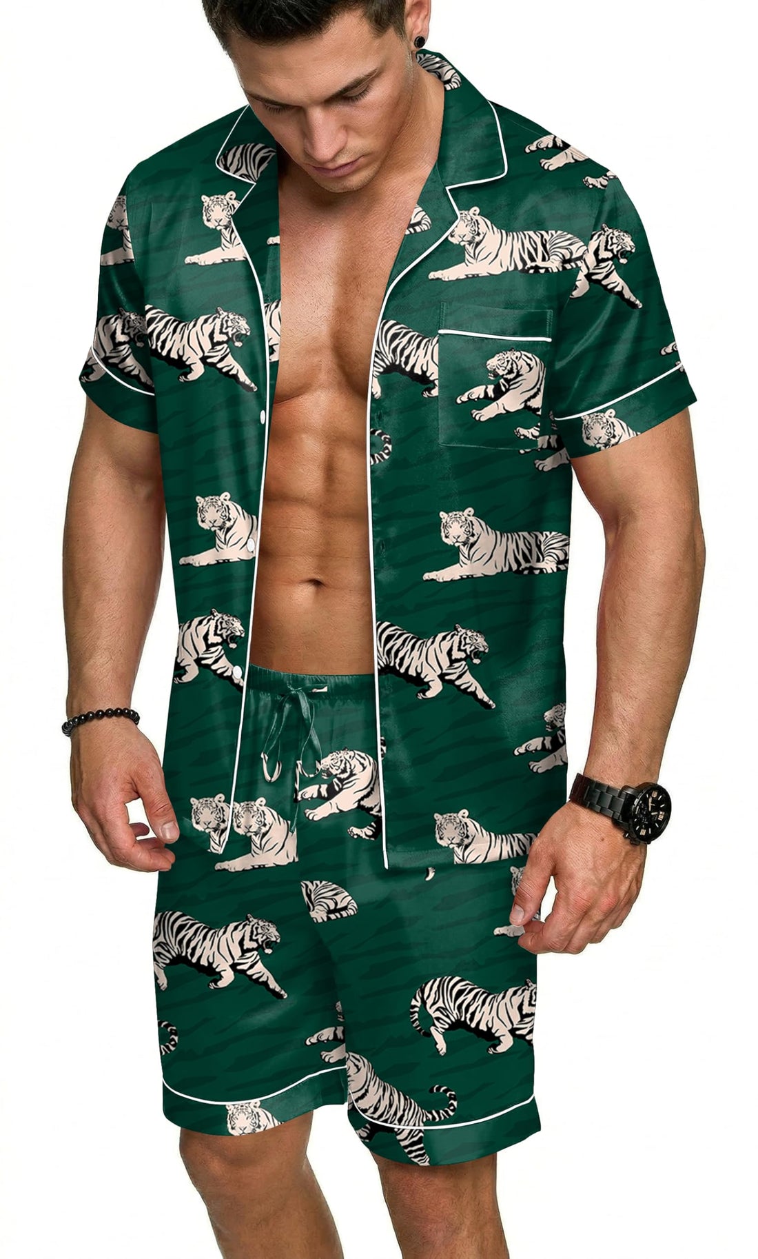 Ekouaer Mens Silk Satin Pajamas Set, Short Sleeve Sleepwear Lightweight Button Up Lounge Pjs Set with Pockets S-4XL WEBE CLOTHING