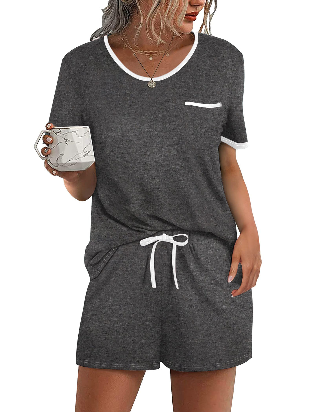 Ekouaer Pajama Set for Women 2 Piece Lounge Set Short Sleeve Tops and Shorts Soft Sleepwear, Chest Pocket