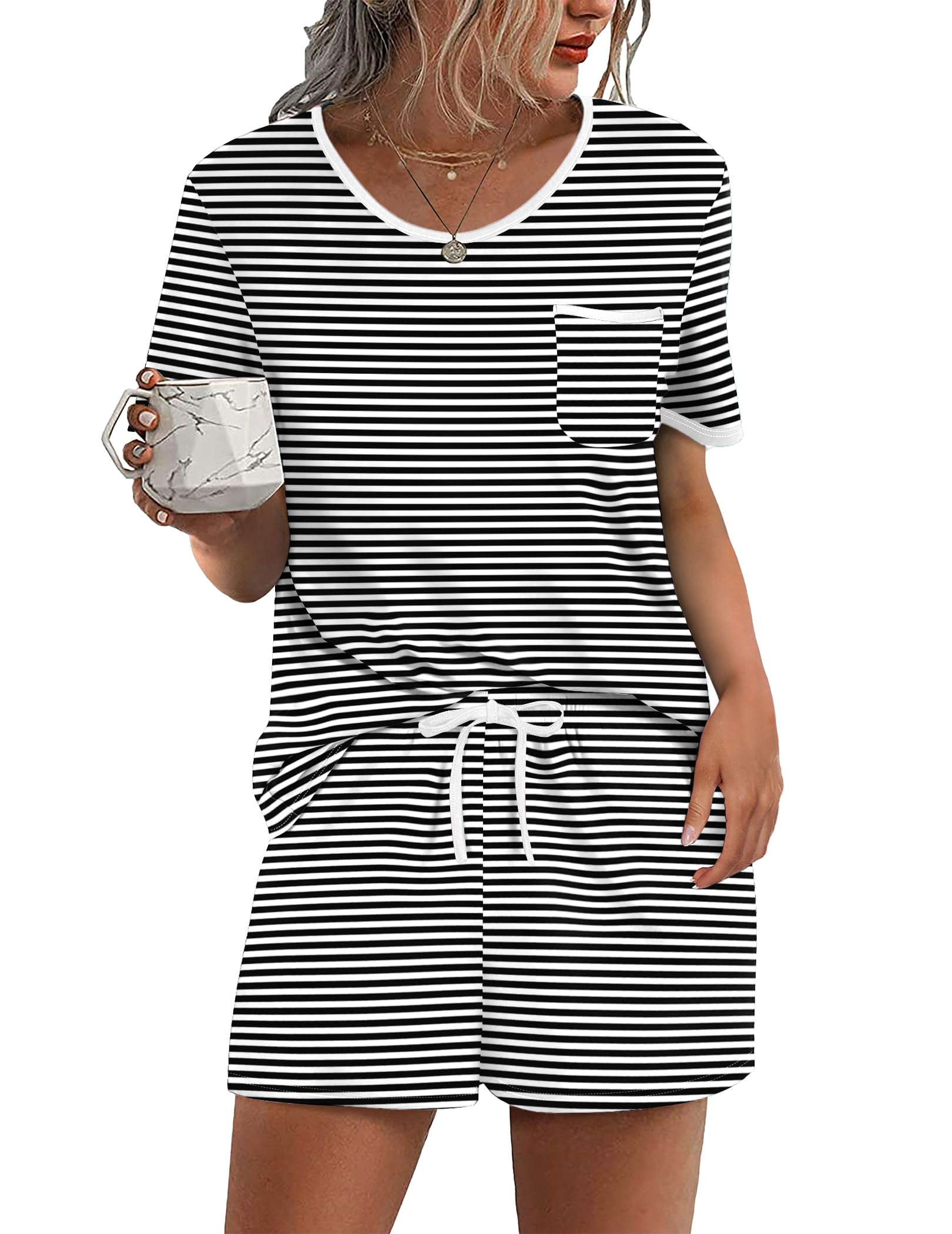 Ekouaer Pajama Set for Women 2 Piece Lounge Set Short Sleeve Tops and Shorts Soft Sleepwear, Chest Pocket